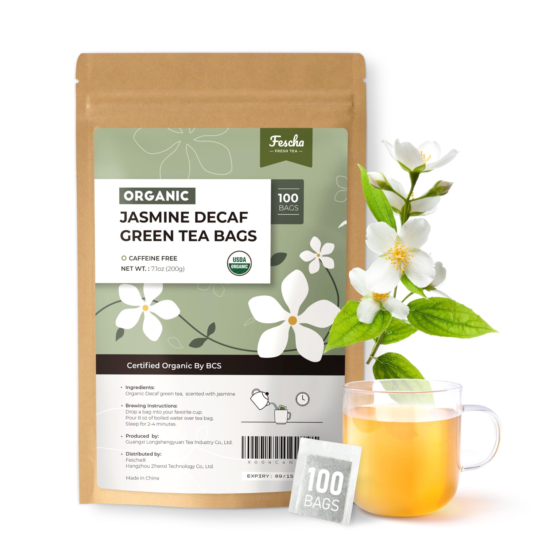 Fescha Organic Decaf Jasmine Green Tea Bags Flower-scented Tea (100-count), Eco-Conscious Tea Bags, Packed by Resealable Kraft B