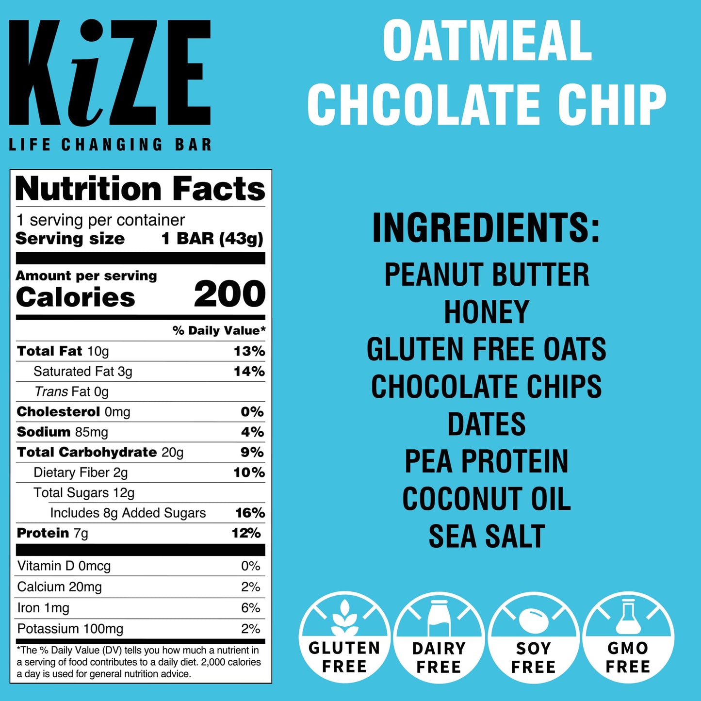 KiZE Energy Bars - Oatmeal Chocolate Chip - Gluten Free, Dairy Free, High Protein - 10 Count