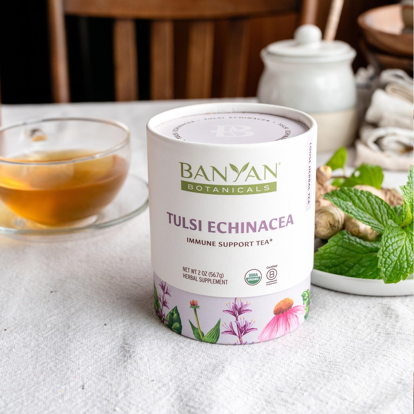 Banyan Botanicals Tulsi Echinacea Herbal Tea - Organic, Caffeine Free, 2 oz, Non-GMO, Loose Leaf