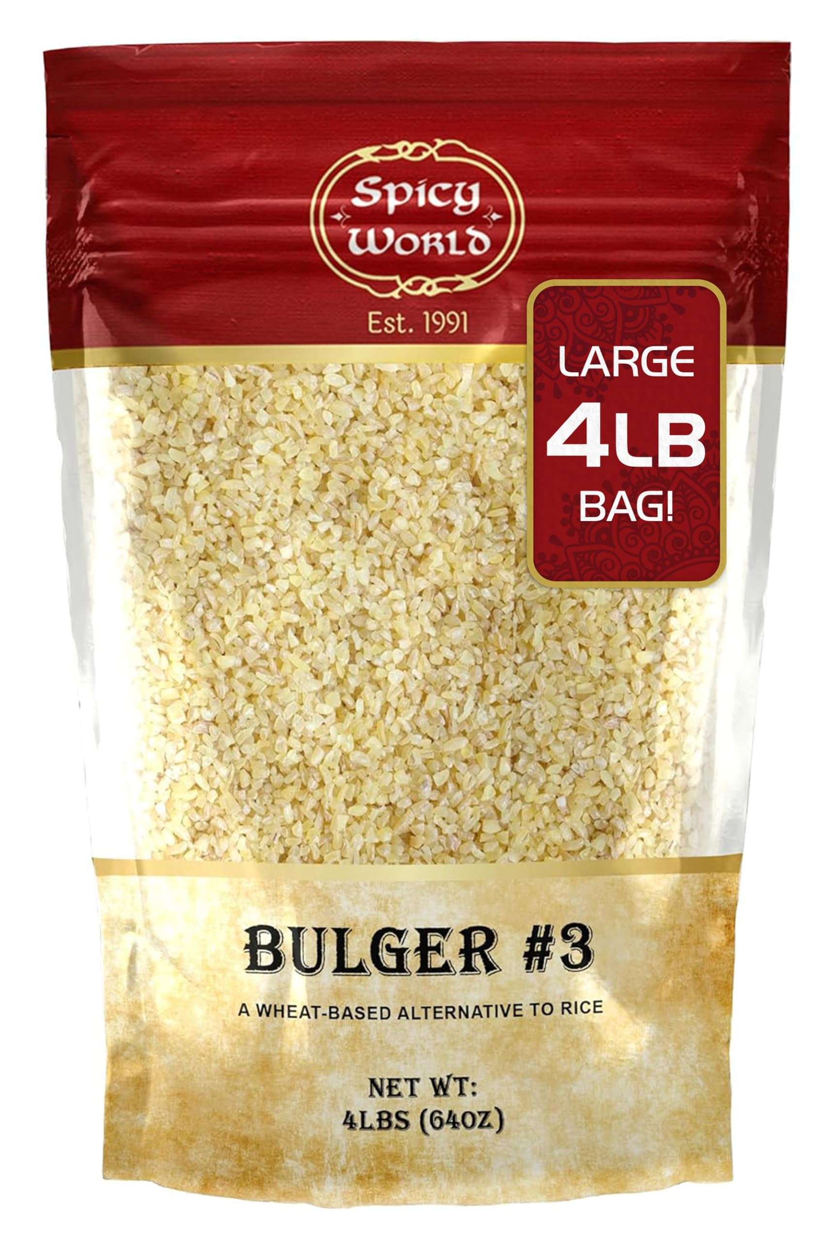 Spicy World Bulgur Coarse #3, 4 LB Bag | Excellent USA Grown Bulgur Wheat for Tabouleh | 100% Natural & Pure | Great for Vegan R