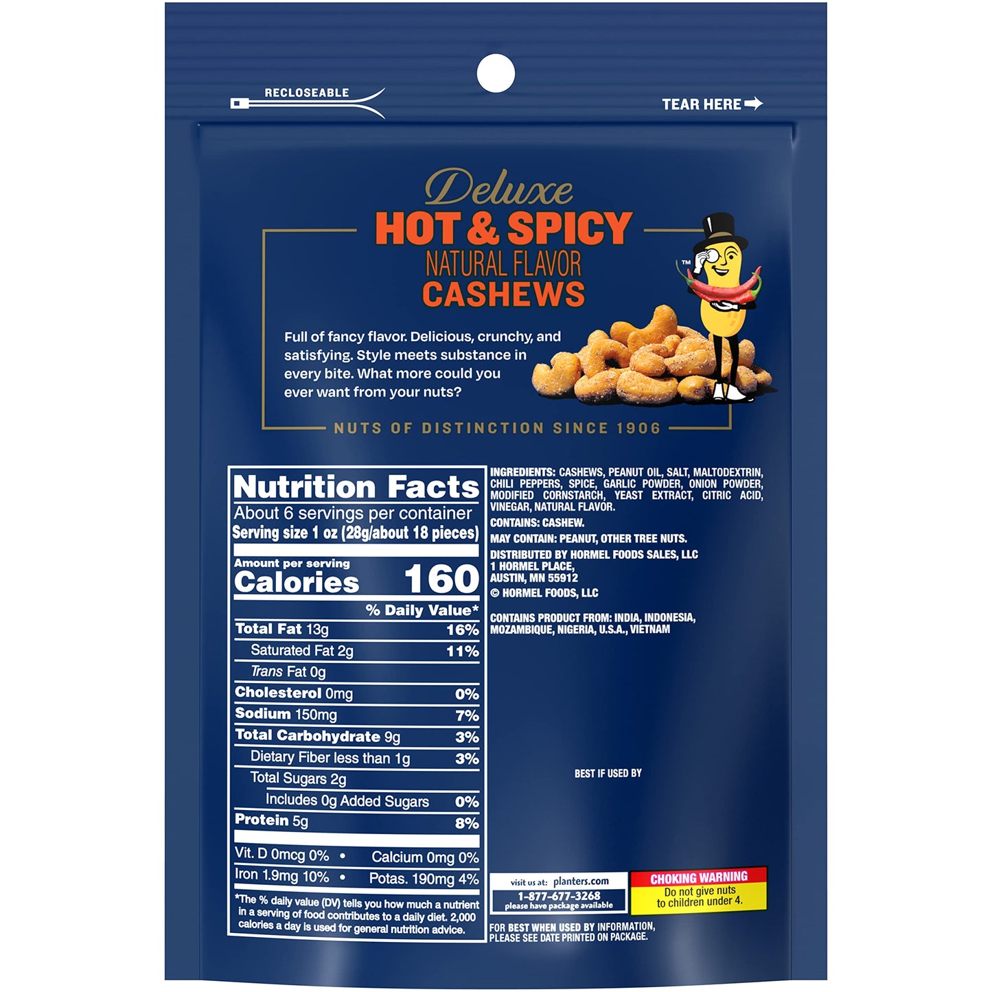 Planters Deluxe Hot 'N Spicy Cashews, 6 oz. (8-Pack) - Flavorful Snack, Perfect for Parties and On-the-Go