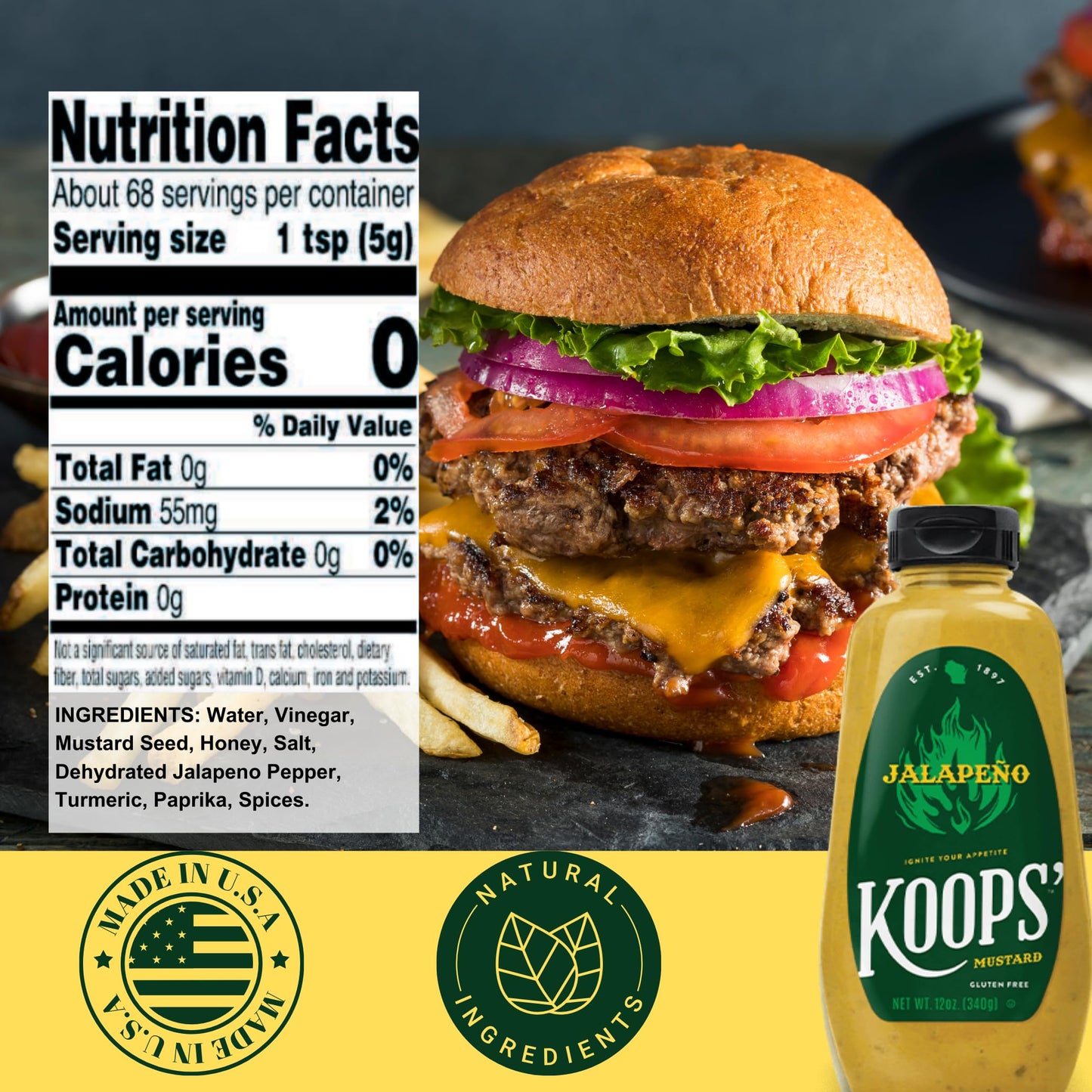 Koops Jalapeno Mustard - Spicy Gourmet Mustard, Gluten-Free, Kosher, Made in USA, From Quality Mustard Seeds, Hot Mustard Sauce