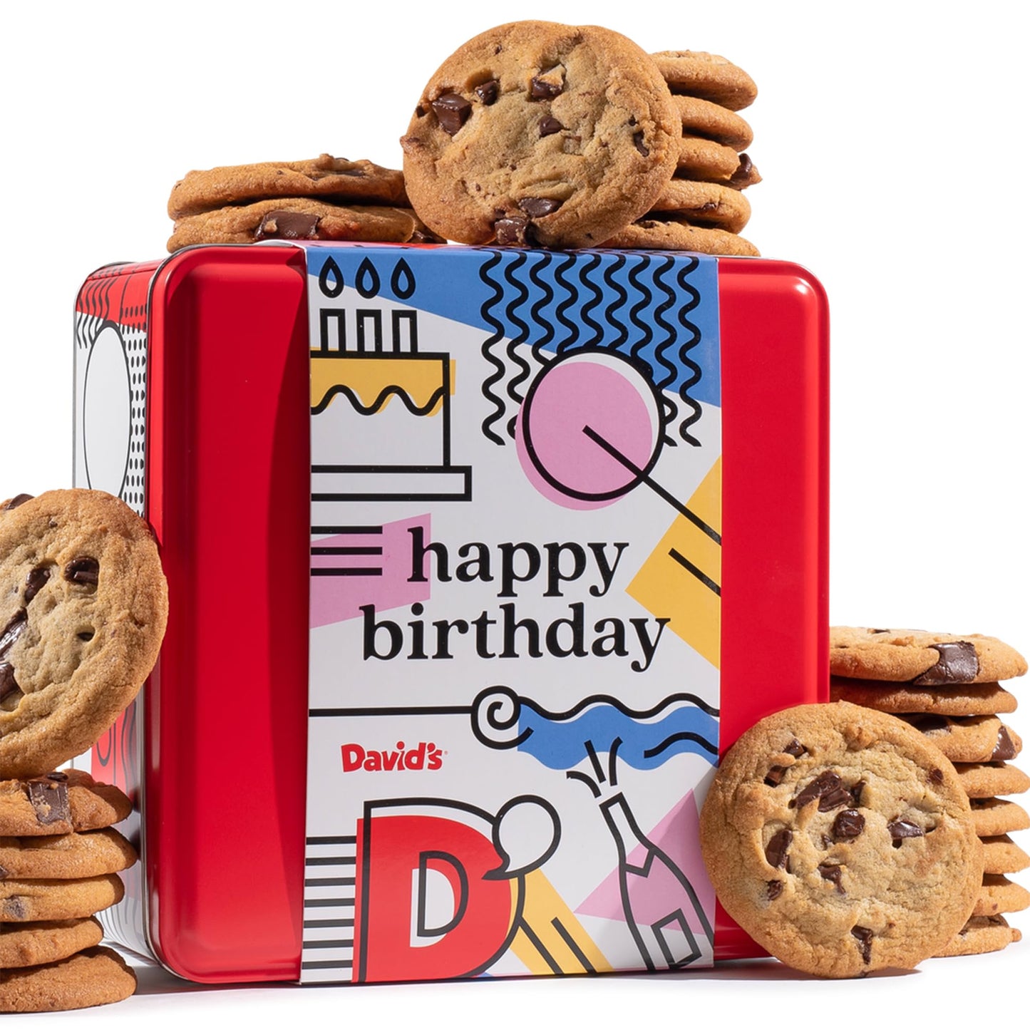 Davids Cookies Happy Birthday Chocolate Chunk Cookies Tin 2lbs - Handmade and Fresh Baked Gourmet Cookie Gift Basket - Delectable & Made with enhanced Ingredients - Ideal Birthday Food Gift For All