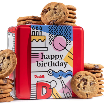 Davids Cookies Happy Birthday Chocolate Chunk Cookies Tin 2lbs - Handmade and Fresh Baked Gourmet Cookie Gift Basket - Delectable & Made with enhanced Ingredients - Ideal Birthday Food Gift For All