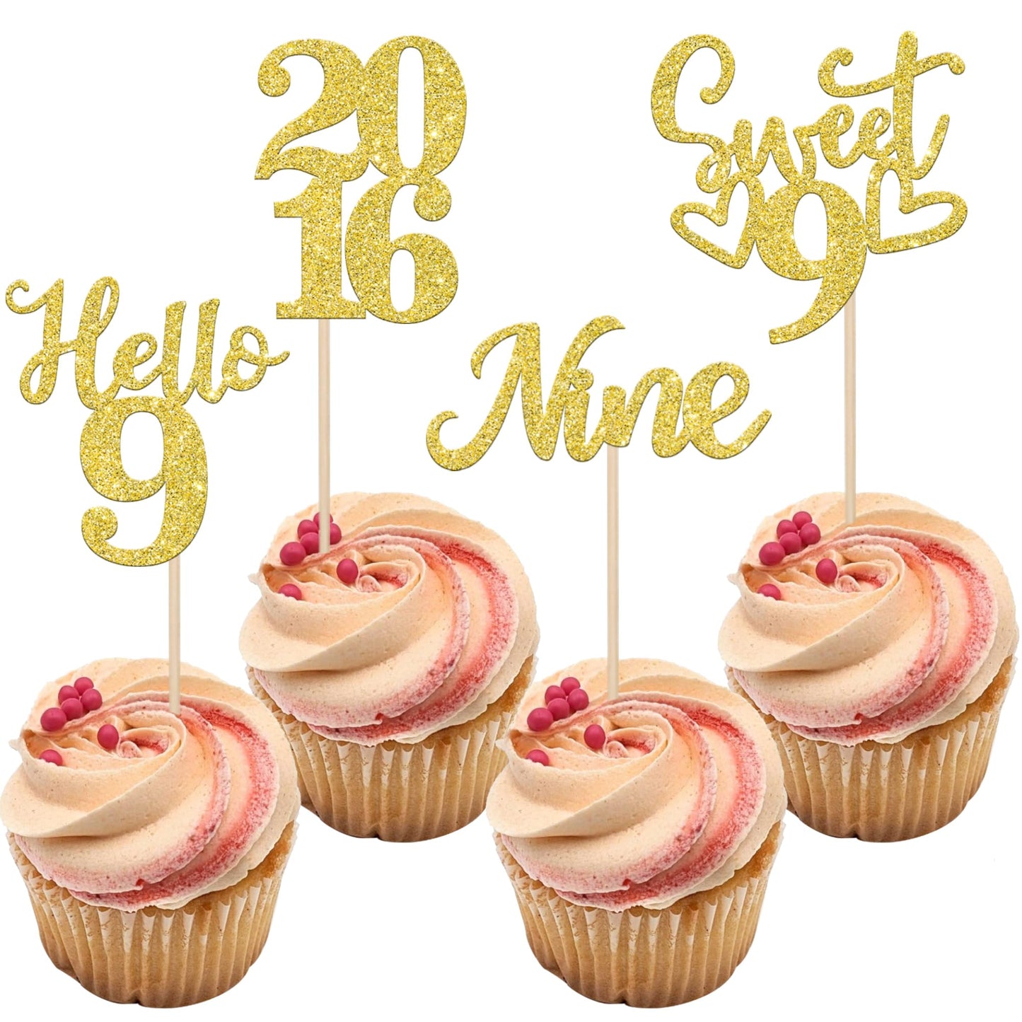 24 Pcs Glitter 9Th Birthday Cupcake Toppers Hello 9 Nine Cupcake Picks Sweet 9 Since 2014 Cupcake Topper For Happy 9Th Birthday