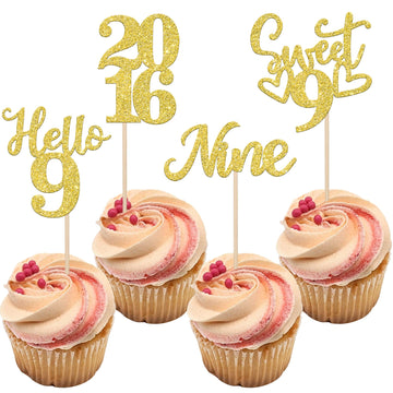 24 Pcs Glitter 9Th Birthday Cupcake Toppers Hello 9 Nine Cupcake Picks Sweet 9 Since 2014 Cupcake Topper For Happy 9Th Birthday