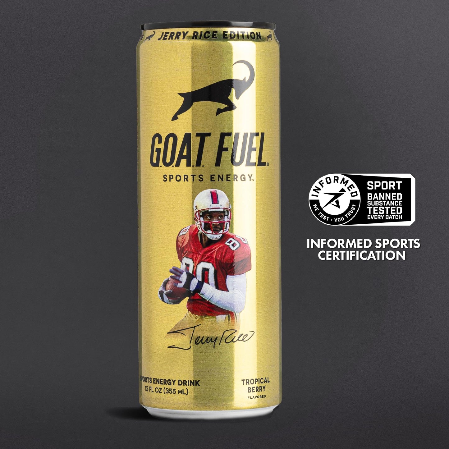 G.O.A.T. Fuel Energy Drink, Co-Founded By Jerry Rice, Natural Caffeine, Electrolytes, Bcaas, Cordyceps Mushrooms & Antioxidants, Light Carbonation Pre Workout, 12 Pack, 12 Fl Oz, Tropical Berry