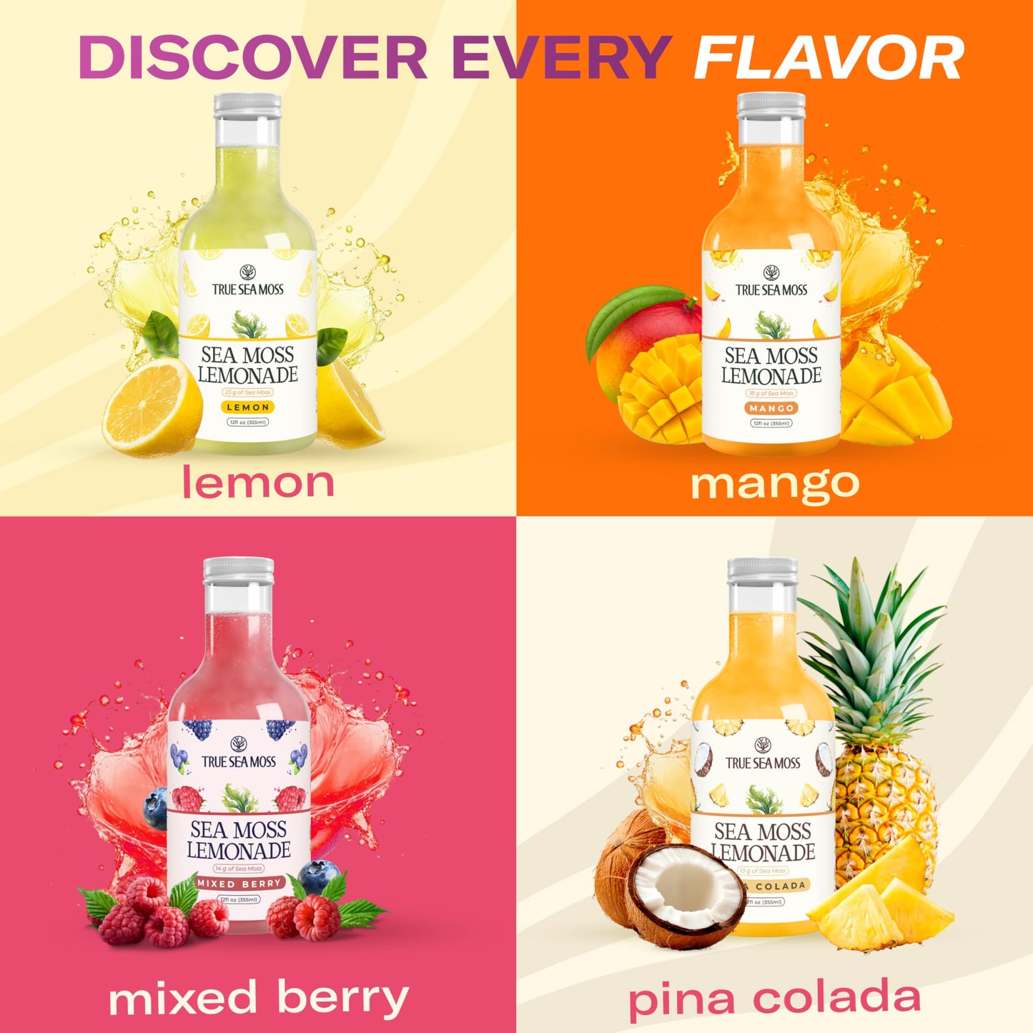 True Sea Moss Lemonade Variety Pack - 4 Flavors (Lemon  Mango  Berry  Pina Colada) - Mix of Classic & Electrolyte Formulas - 4 ? 12 fl oz - Made in USA