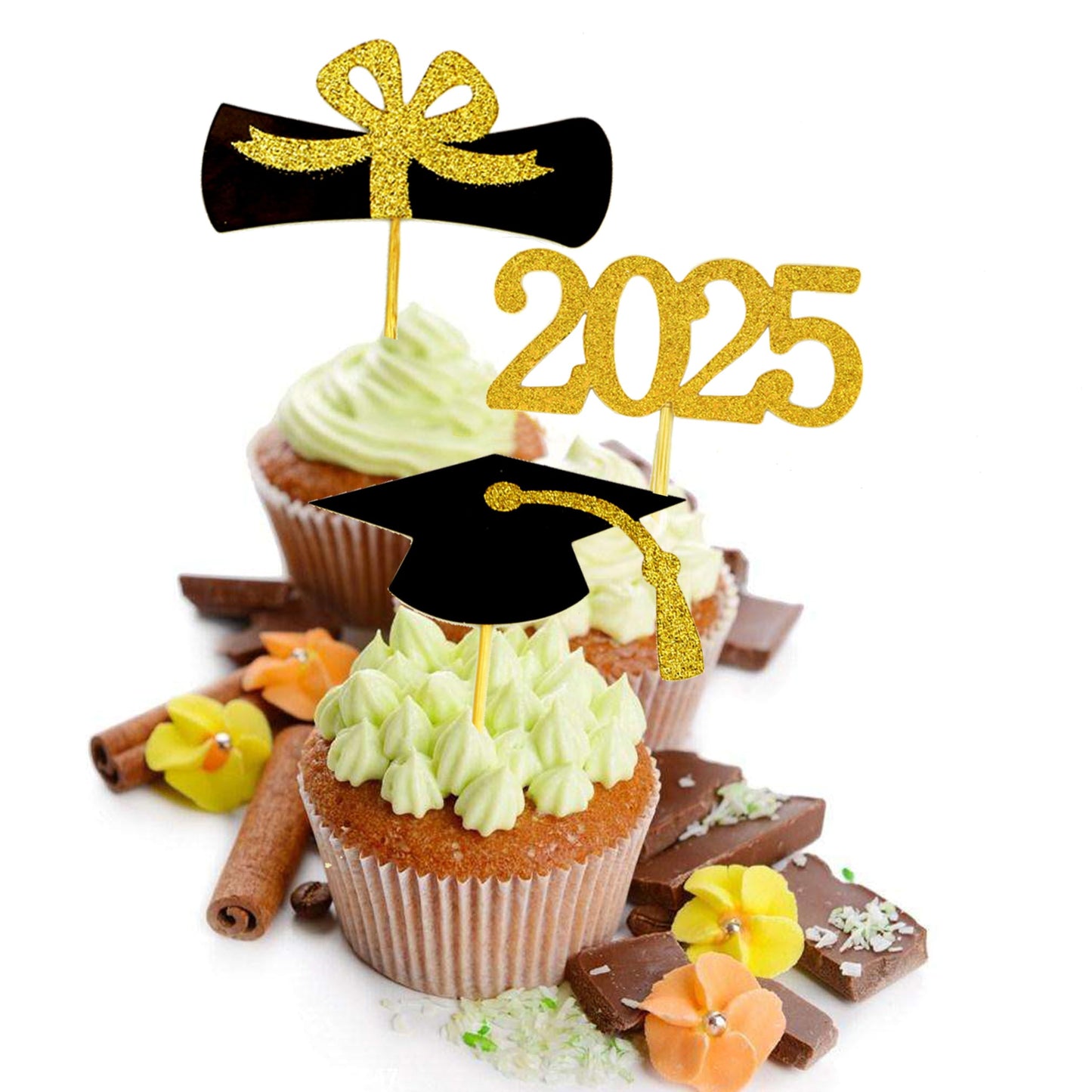 YuBoBo Graduation Cupcake Toppers, 48 PCS Food Picks, Gold, Paper, Grad Cap & Diploma Decorations