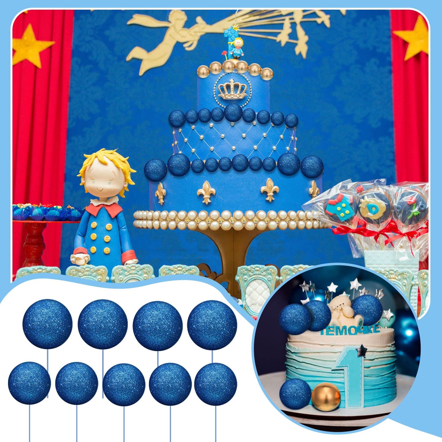 Tondiamo Foam Balloons Cake Topper Set, 108 Pcs for Weddings & Birthdays, Bright Blue & Gold, Multi Sizes, Model SD-Tondiamo-75220