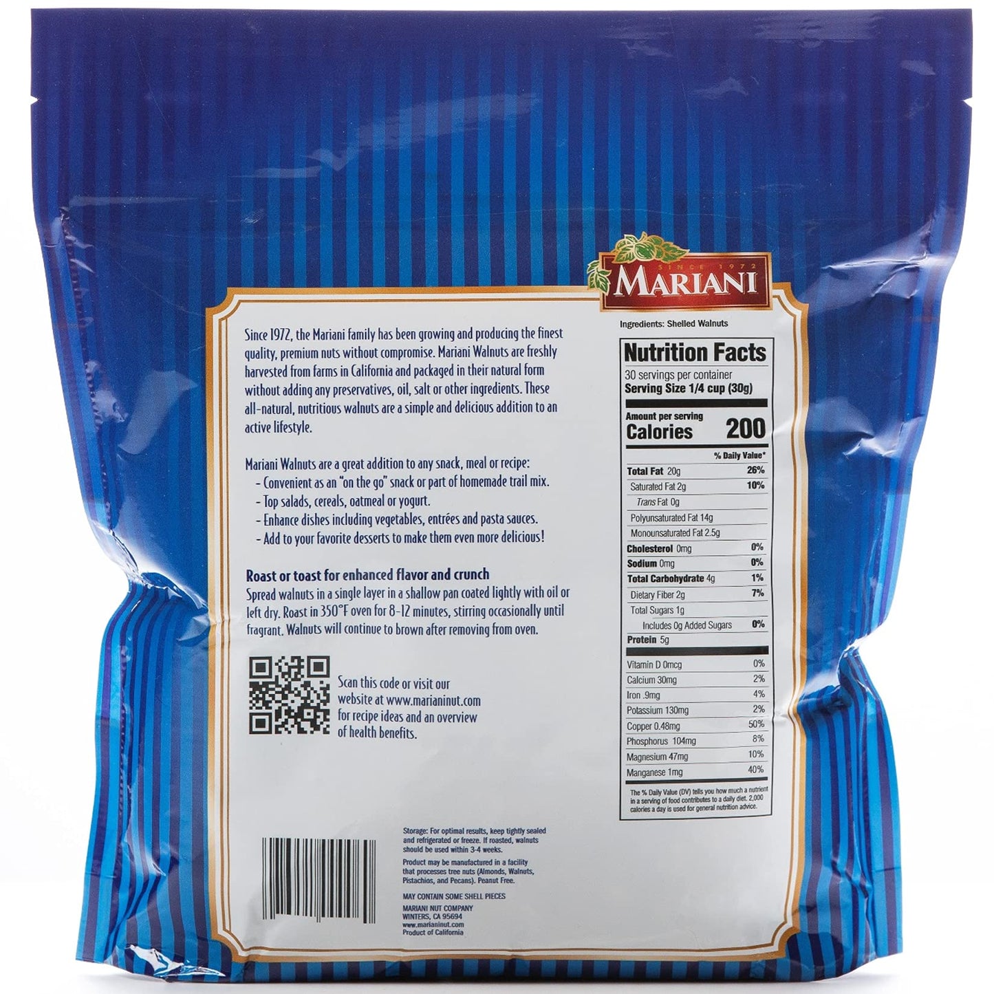 Mariani Nut - Shelled Premium California Walnuts - Gluten Free, Kosher Certified - Stand Up Bag