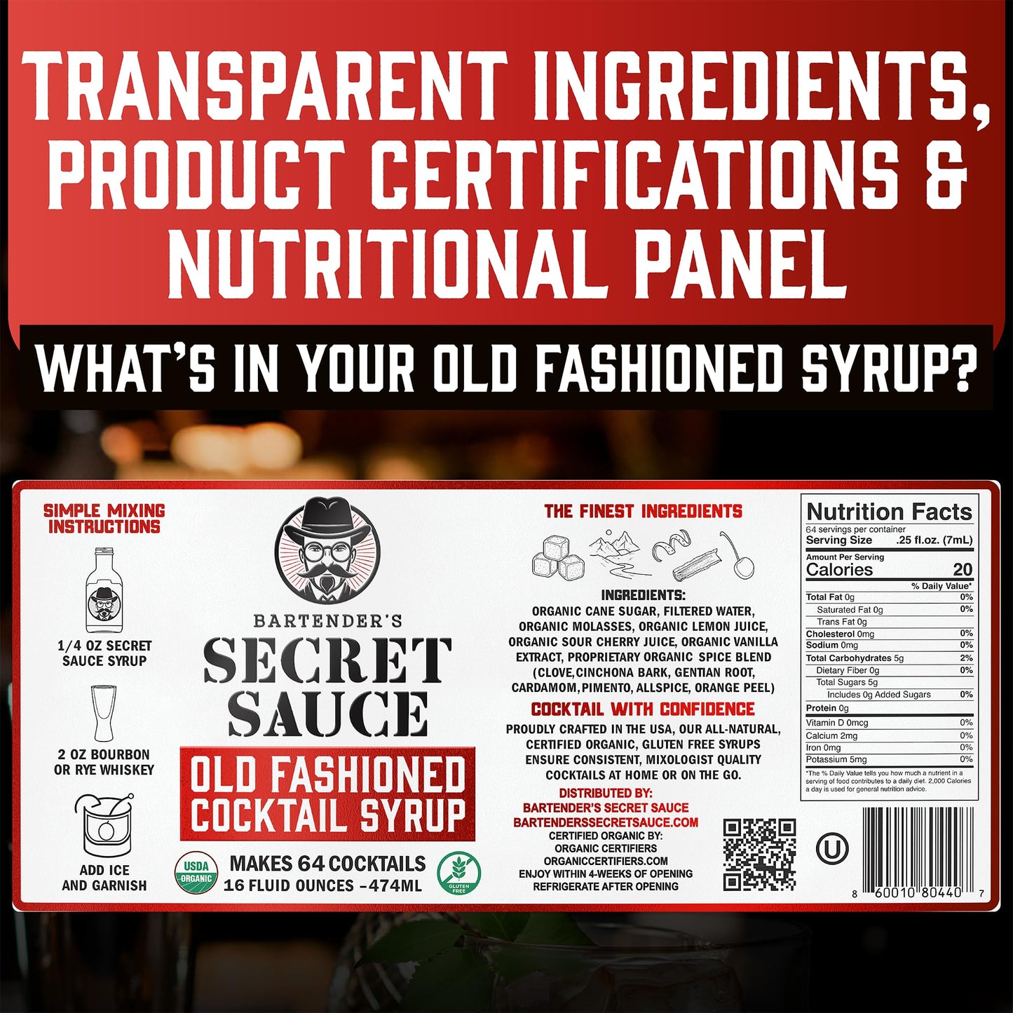 BARTENDERS SECRET SAUCE Old Fashioned Mix Bundle - Handcrafted Syrup 16oz, Gourmet Peninsula Cocktail Cherries 10.5oz, Ice Mold