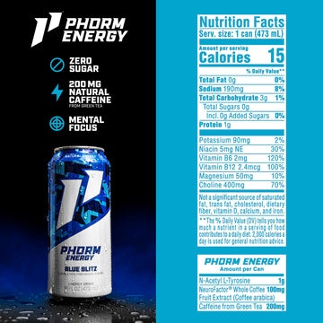 Phorm Energy Drink  Blue Blitz Flavor  200 MG Natural Caffeine From Green Tea  Sugar Free Carbonated Drink With Electrolytes & Vitamin B12  Dairy & Gluten Free  Vegan  16 FL Oz Cans  12 Pack