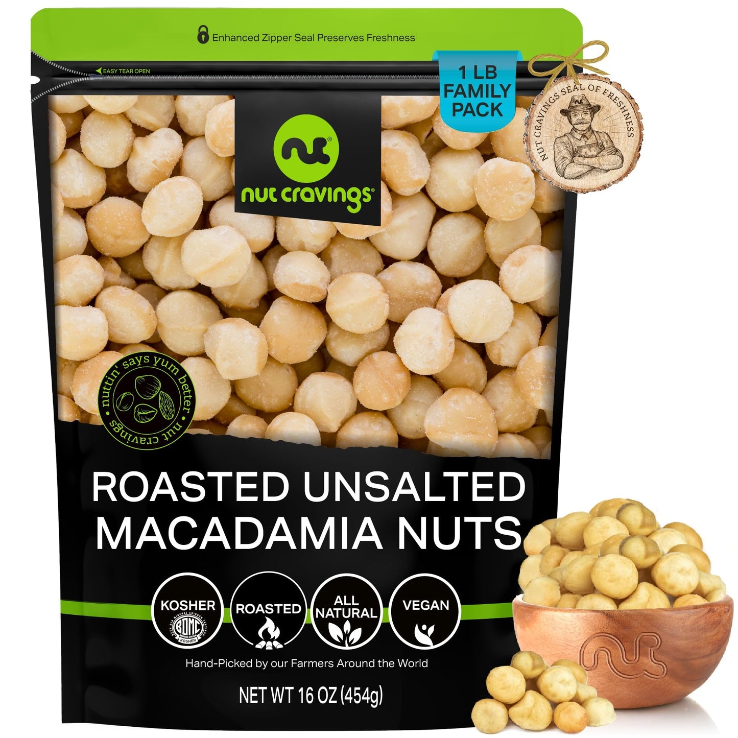 NUT CRAVINGS - Roasted Macadamia Nuts - No Shell, (16oz - 1 LB) Bulk Nuts Packed Fresh in Resealable Bag - Healthy Protein Food 