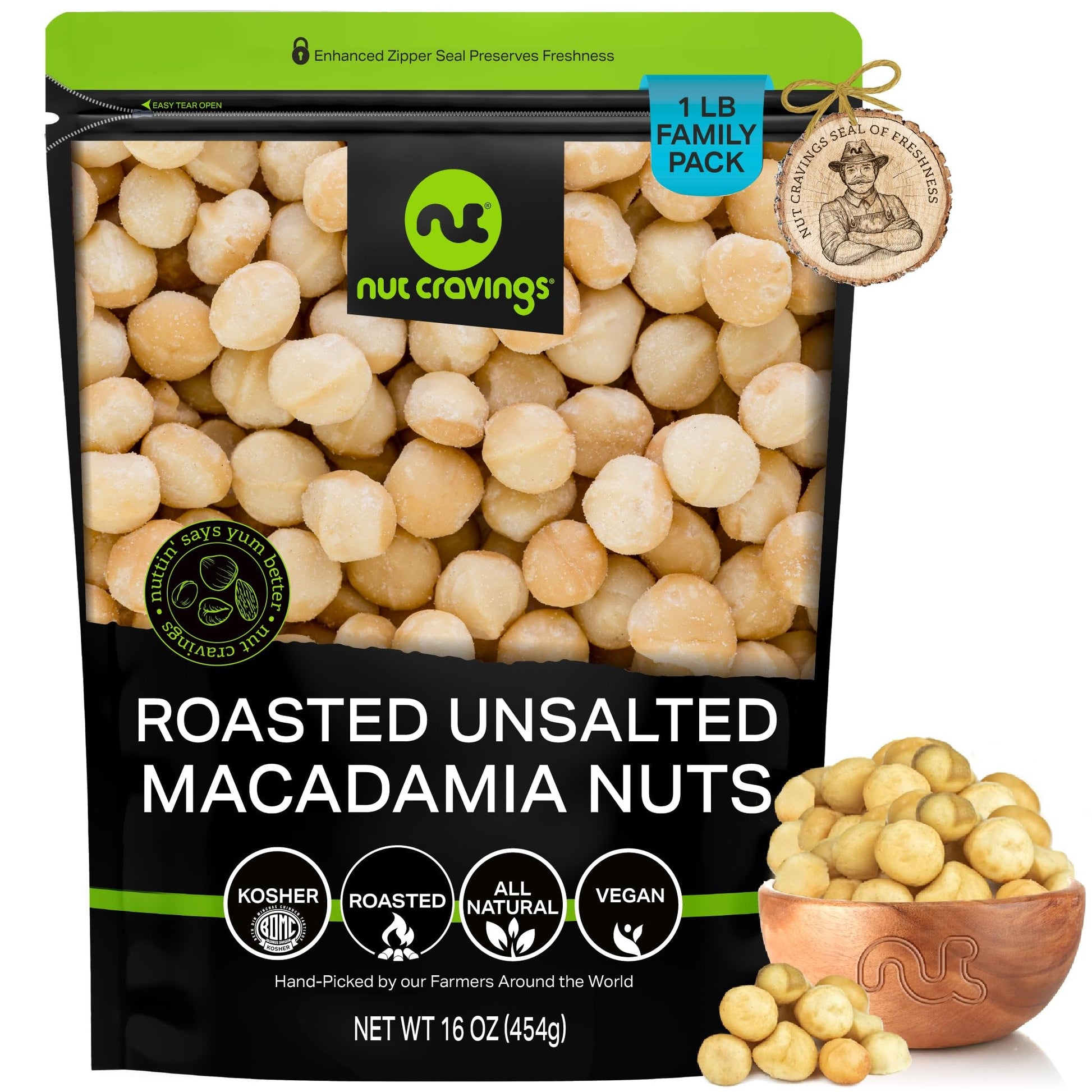 NUT CRAVINGS - Roasted Macadamia Nuts - No Shell, (16oz - 1 LB) Bulk Nuts Packed Fresh in Resealable Bag - Healthy Protein Food 