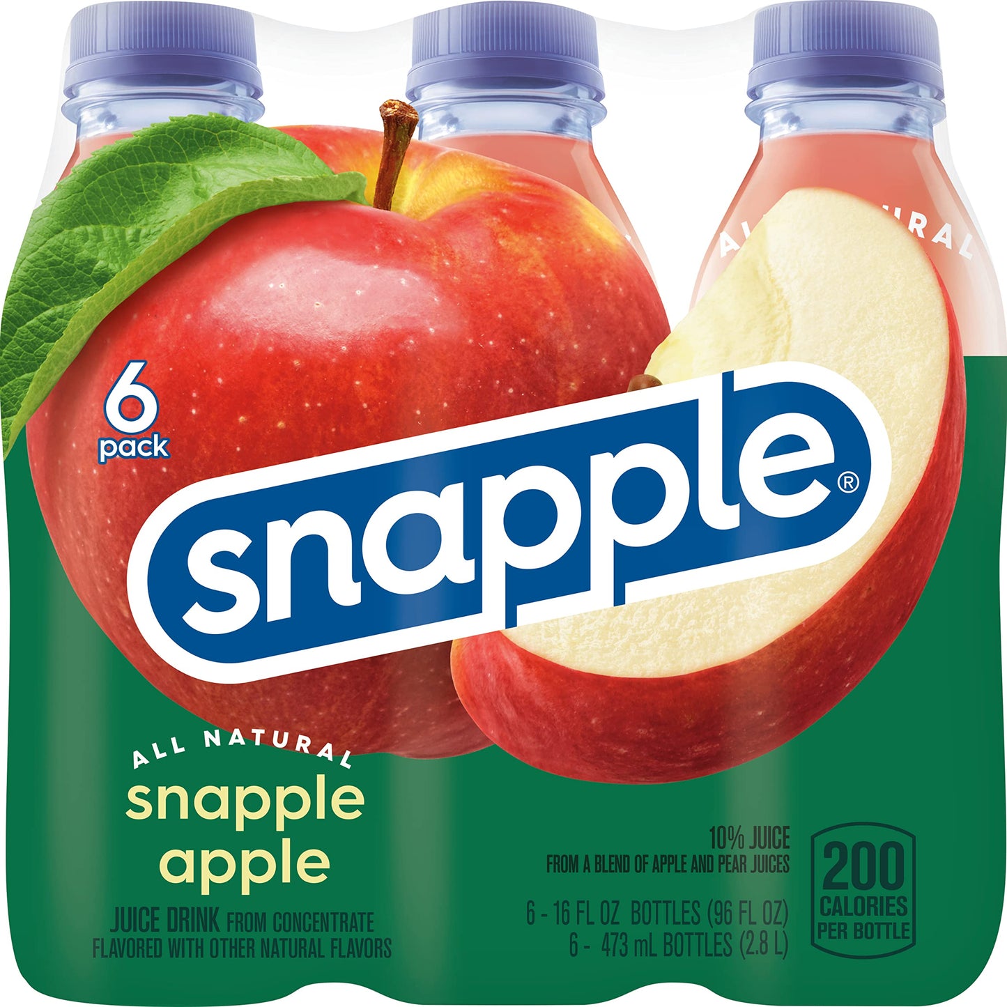 Snapple Apple Juice Drink, 16 fl oz recycled plastic bottle, 6 pack