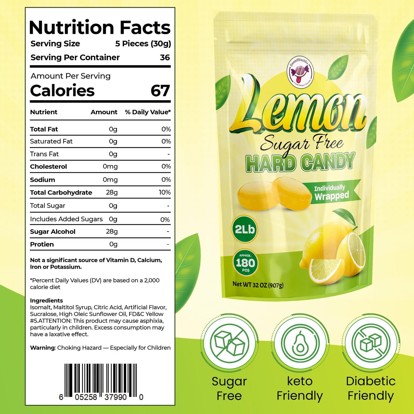 SweetBlissMix Sugar-Free Lemon Drops - Keto-Friendly, Diabetic Safe, 2lb Bulk Citrus Hard Candy