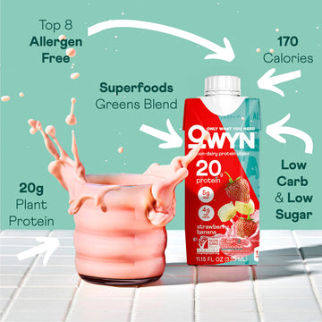 OWYN Strawberry Banana Flavored Protein Shake, 20g Protein, 4g Sugar, 3g Fiber, Dairy Free, Plant Based Protein Drink, 12 Count