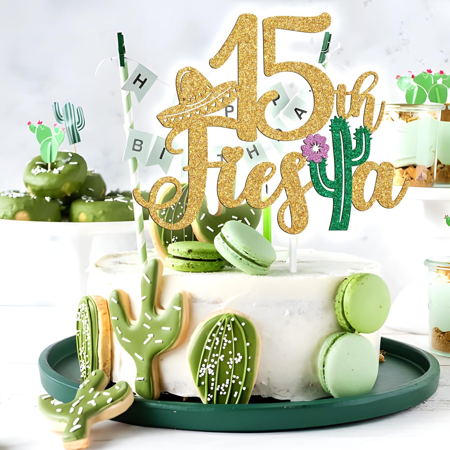 Tivurcia Cake Topper, Fiesta 15th Birthday Decor, Gold Tropical Theme, Happy 16th Anniversary Party Decoration Supplies
