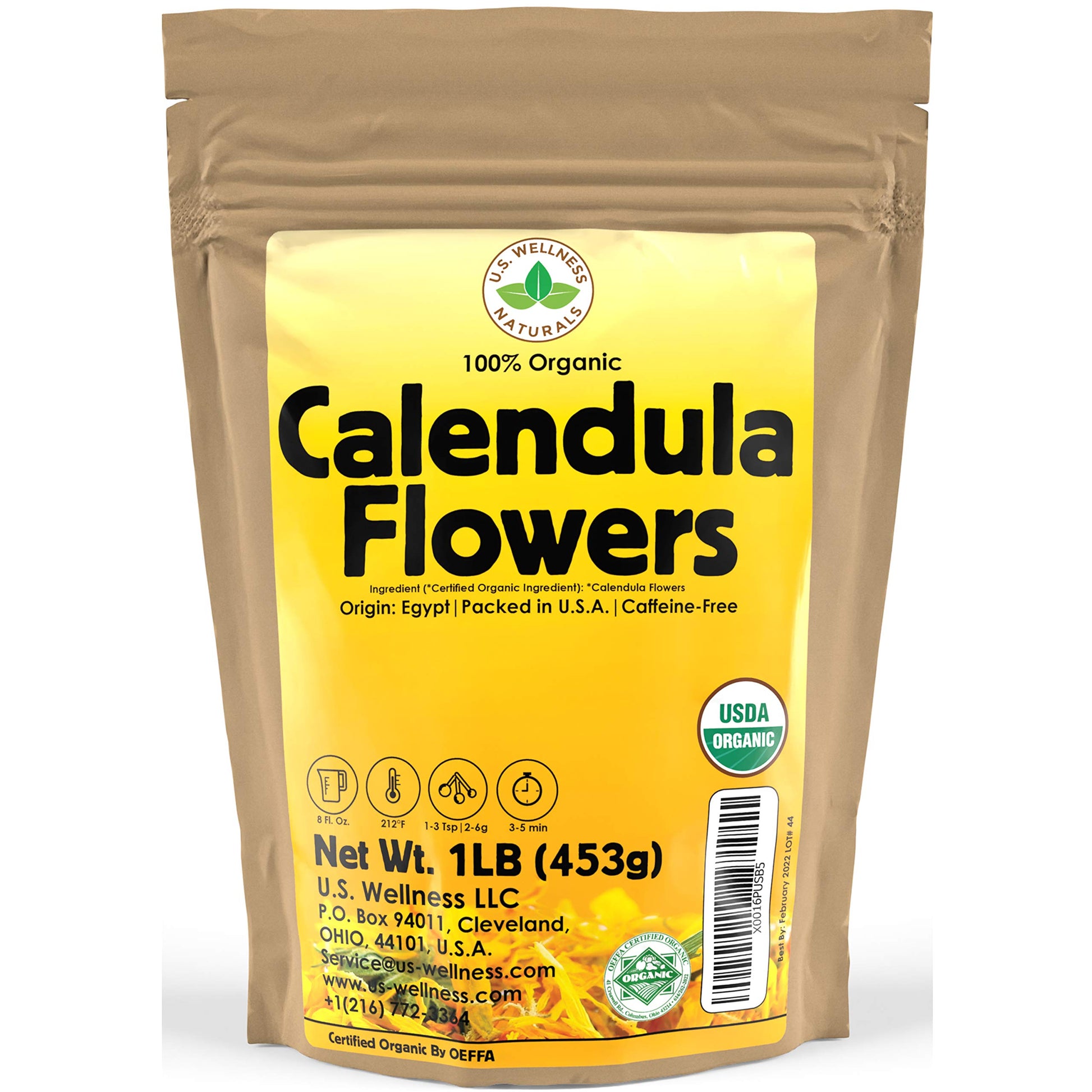 Calendula Tea 1LB (16Oz) 100% CERTIFIED Organic Whole Flower Calendula Herbal Tea (Calendula Officinalis)  Caffeine Free in 1 lbs. Bulk Resealable Kraft BPA free Bags from U.S. Wellness