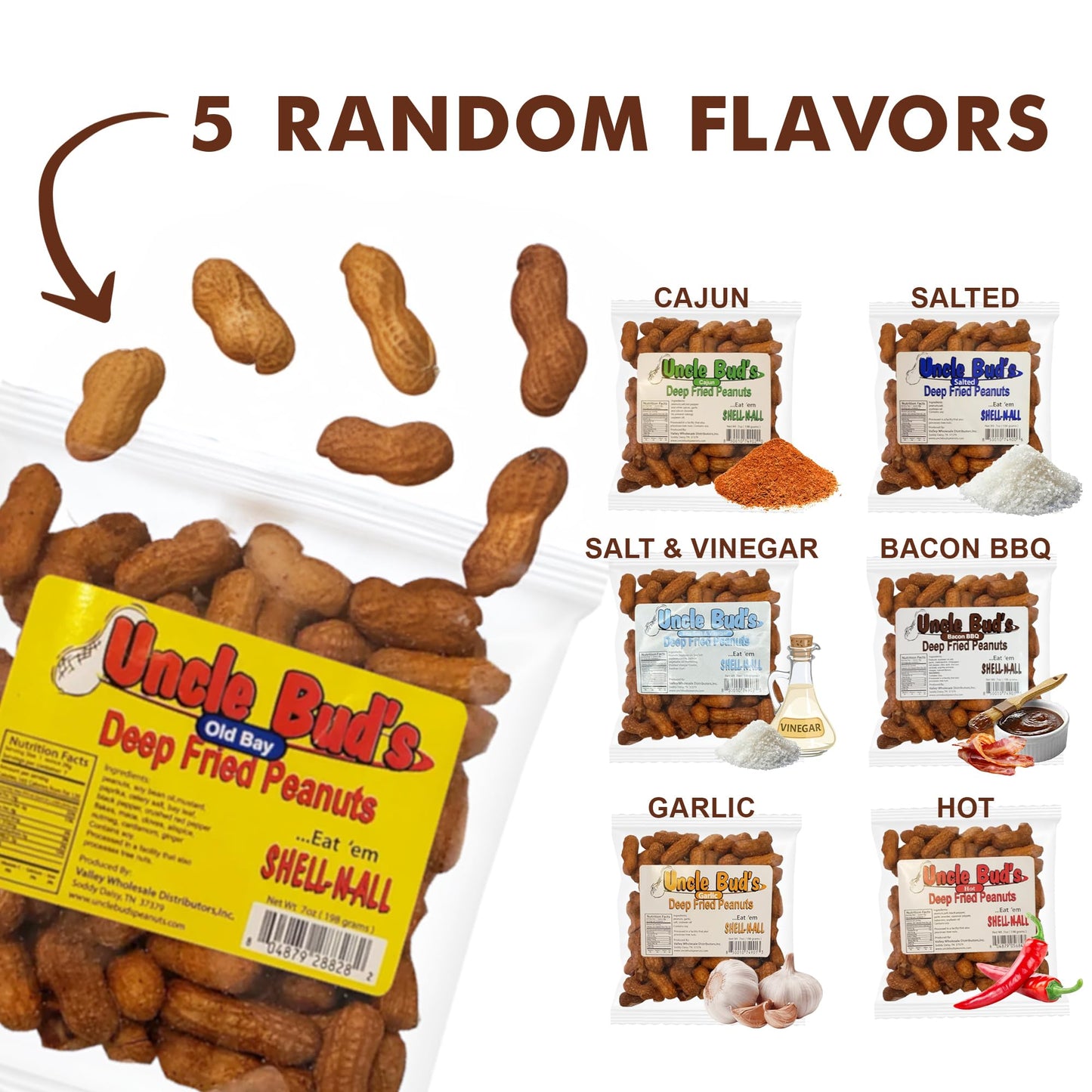 Uncle Bud'S Deep Fried Peanuts In Shell (5 Pack), Peanuts Individual Packs: Salted, Cajun, Garlic, Hot, Old Bay, Bacon Bbq, Crun