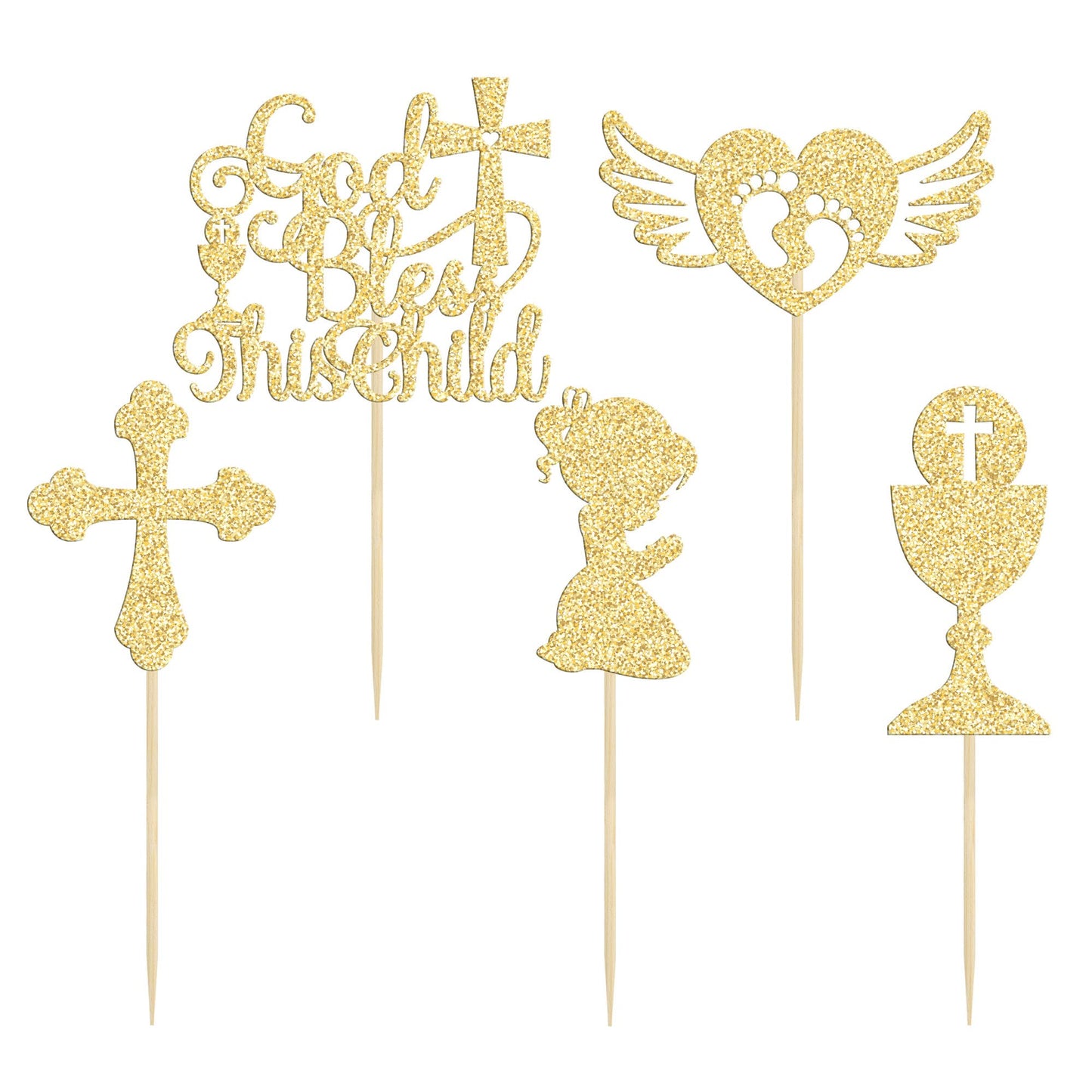 Gyufise 30Pcs Gold Glitter God Bless This Child Cupcake Toppers Cross And Angel Feet Girls Baptism Cupcake Picks Baby Shower Bir