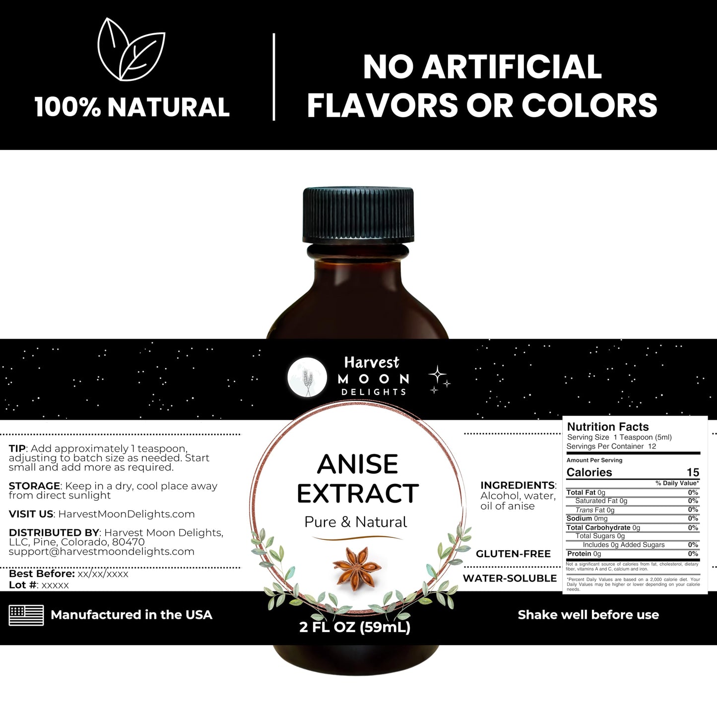 Pure Anise Extract - 2 Oz - Water-Soluble - By Harvest Moon Delights - Anise Extract For Baking, Ice Cream, Drinks, And Candy