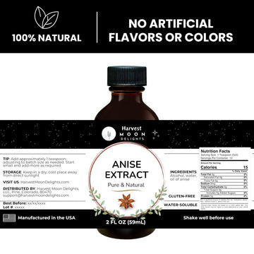 Pure Anise Extract - 2 Oz - Water-Soluble - By Harvest Moon Delights - Anise Extract For Baking, Ice Cream, Drinks, And Candy