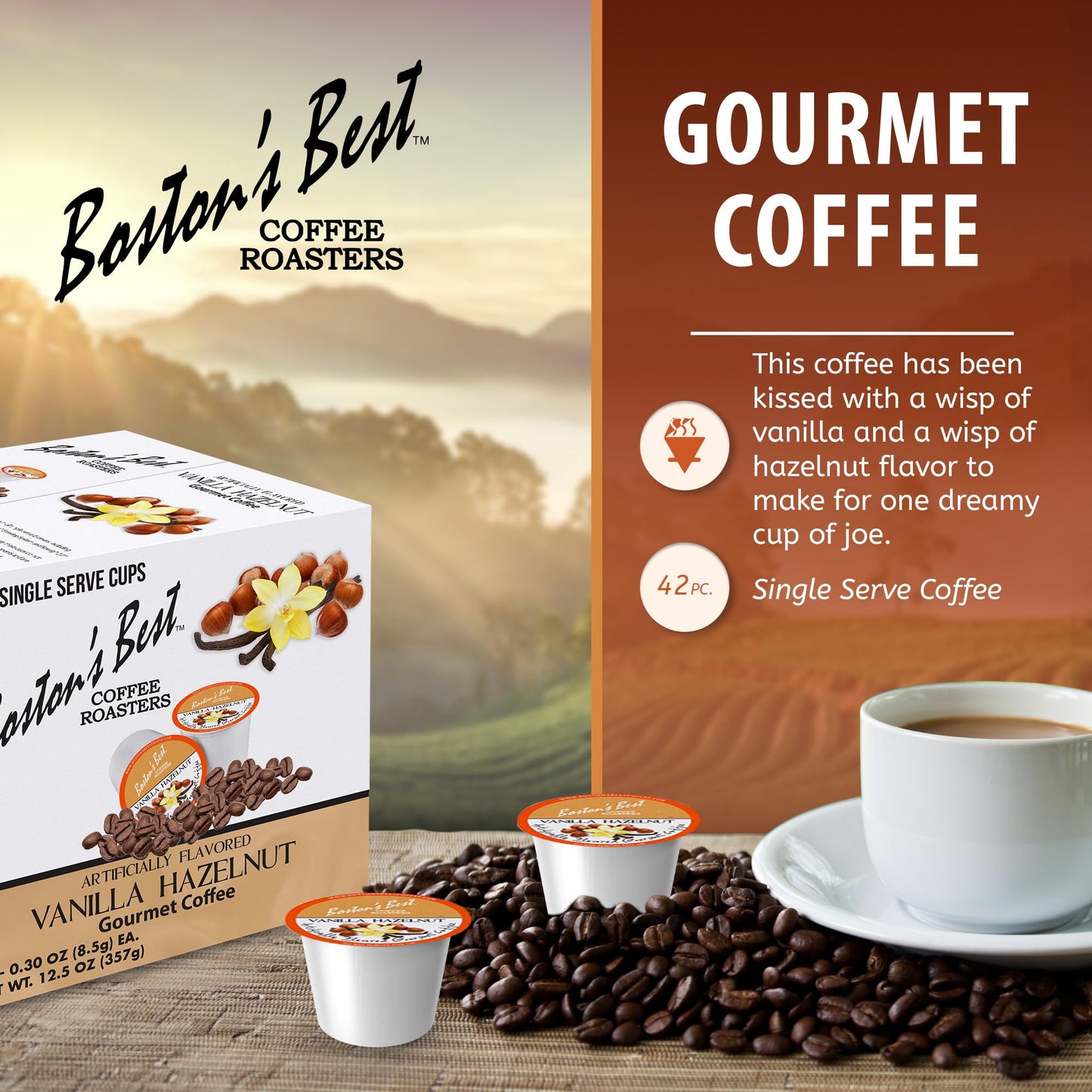 Bostons Best Vanilla Hazelnut Medium Roast Coffee, 42 Single Serve Cups, Compatible with Keurig Coffee Maker