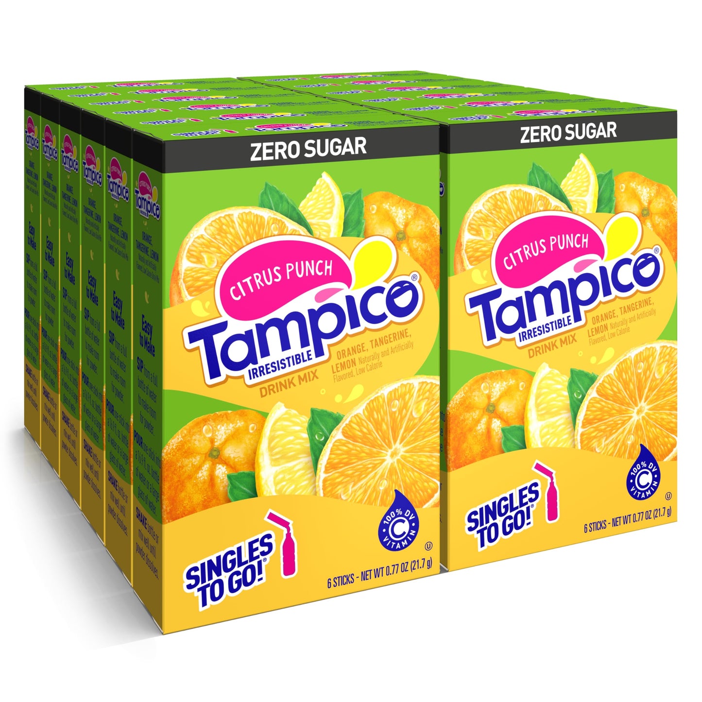 Tampico Singles To Go Drink Mix Packets,Citrus Punch, Zero Sugar, Low Calorie, 100% DV of Vitamin C per Serving, Convenient, On-