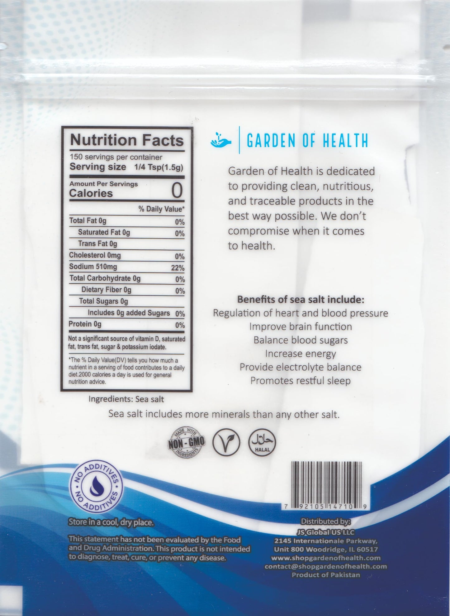 Garden of Health Sea Salt, Fine Ground, 8 oz Pack of 1