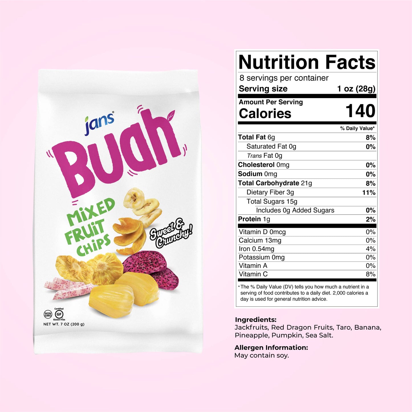Jans Mixed Fruit Chips - Tropical Mix of Dragonfruit, Pineapple, Banana, Jackfruit, Taro, Pumpkin - 7 Oz - Non-GMO, Gluten Free, Vegan