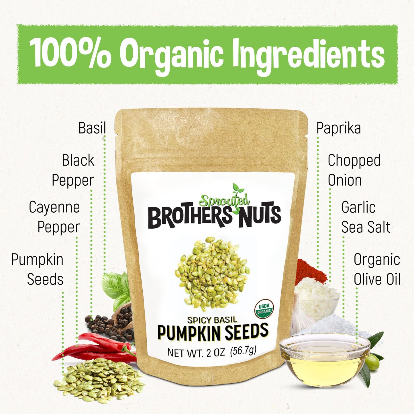 Brothers Sprouted Nuts Spicy Basil Pumpkin Seeds Gluten-Free Vegan Snacks 2 oz