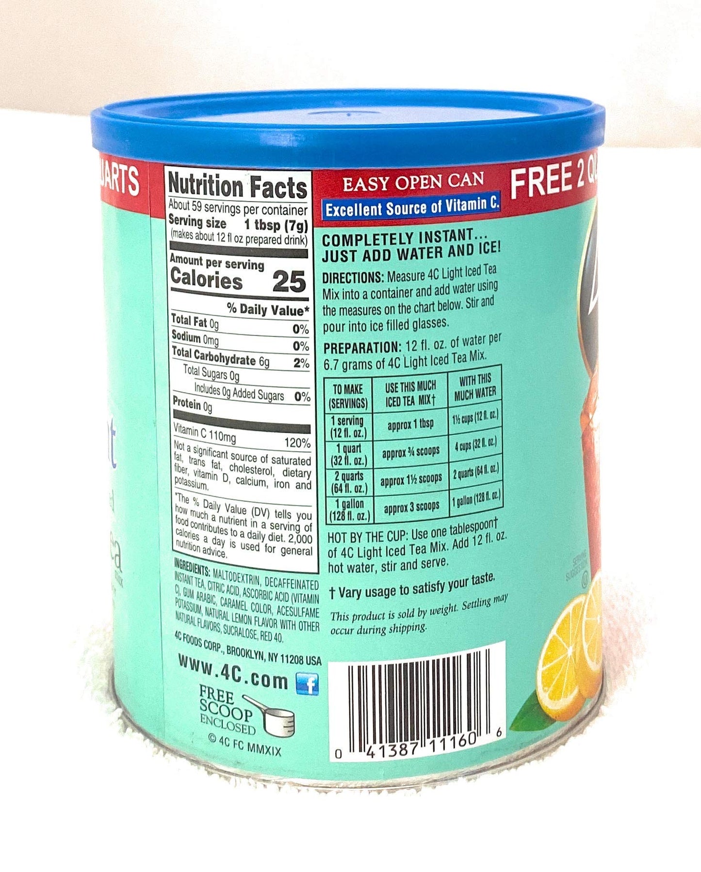 4C Light Powdered Drink Mix Cannisters, Light Decaffeinated Iced Tea, 22 Quarts, Family Sized Cannister, Low Calorie, Thirst Que