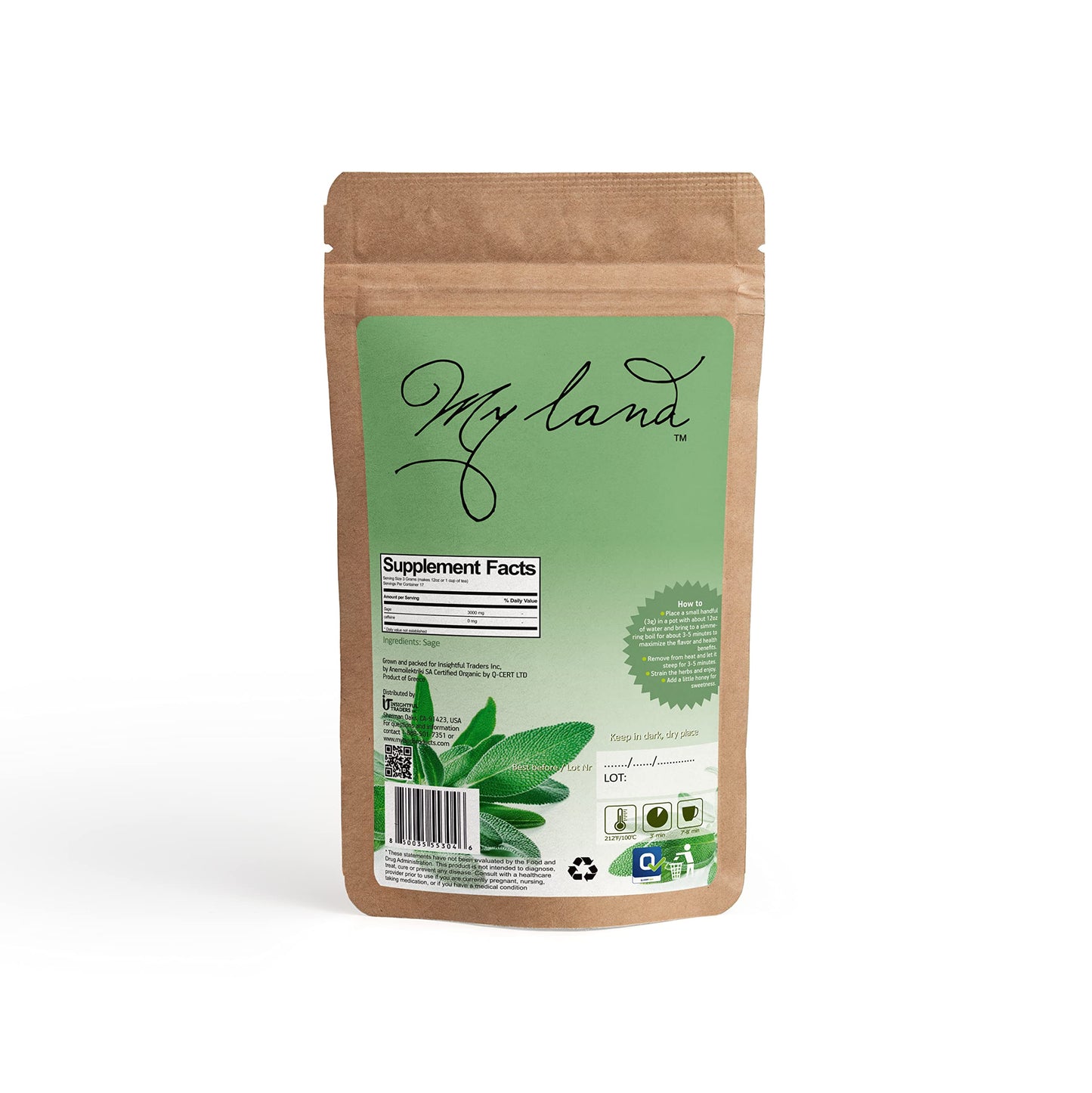 My Land Organic Sage Tea, Loose Leaf, 1.76oz (50g), Dried Sage Leaves from Mt. Olympus, Greece, High Altitude Harvest from a Sma