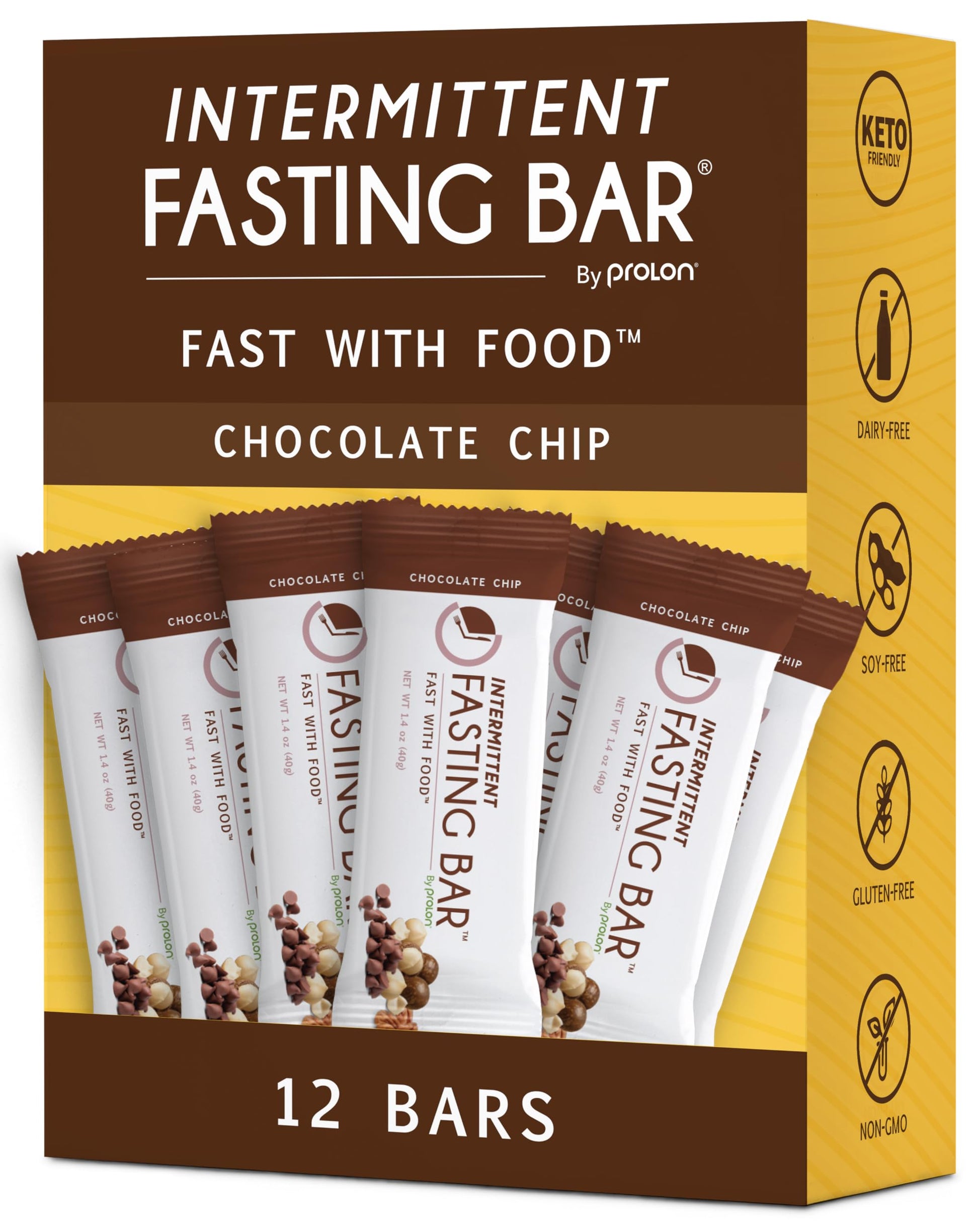 Prolon Fasting Bars | 5G Protein, 7G Fiber | Keto-Friendly, Gluten-Free, Dairy-Free, Plant-Based | Nutrition For Intermittent Fasting | Formulated To Not Break Your Fast | Chocolate Chip (12 Count)