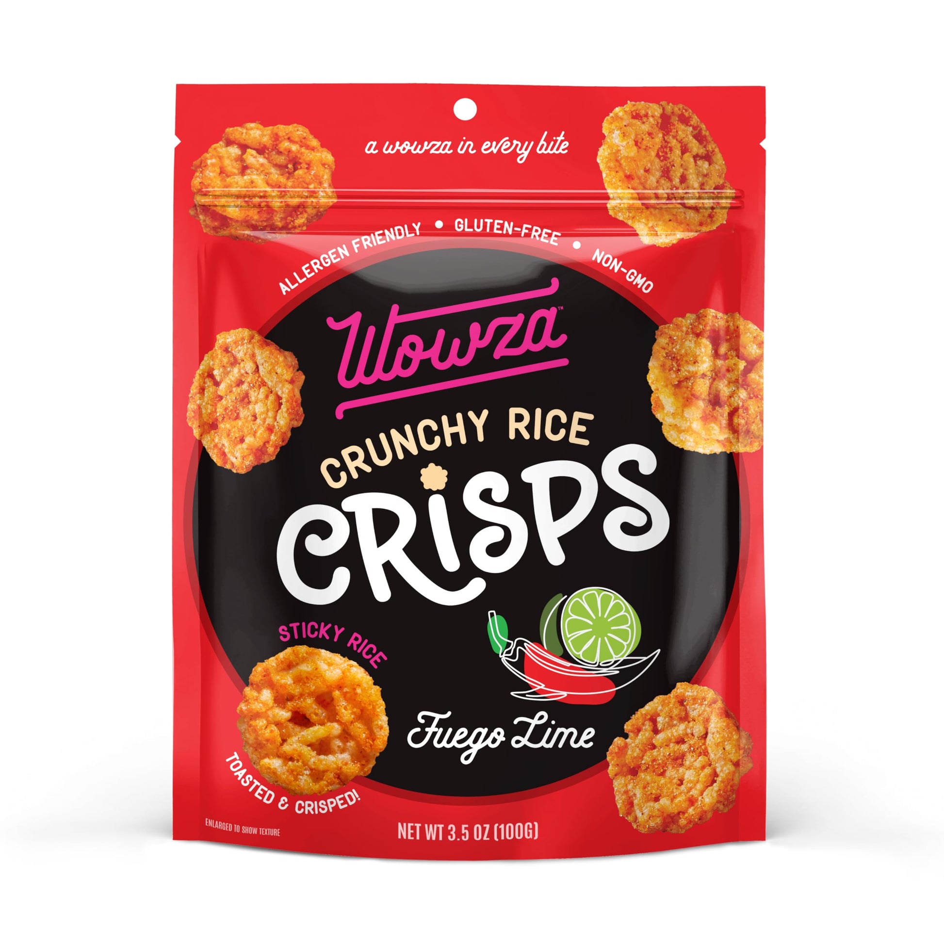 Wowza Fuego-Lime Rice Crisps, Healthy Sticky Rice Crunchy Rice Crisps, 3.5 oz bag (8 pack)