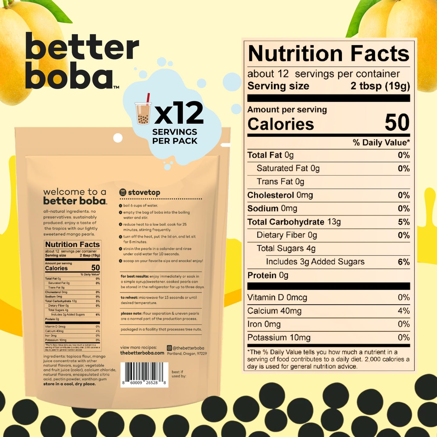 Better Boba All-Natural Mango Boba Pearls | Kosher, Vegan, Gluten-Free, Non-Gmo Popping Boba For Bubble Tea, Desserts| 8 Oz Pack