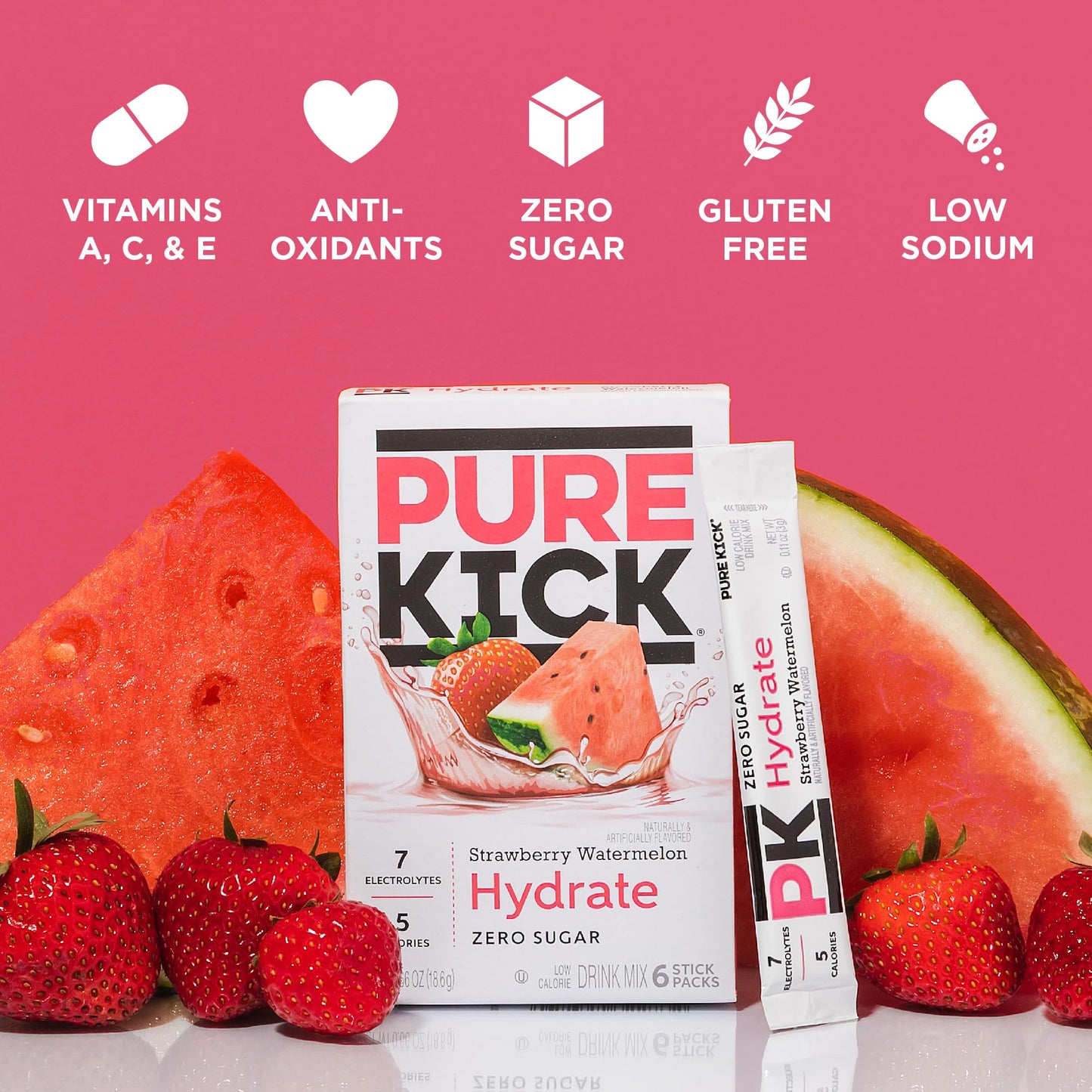 Pure Kick Hydration Singles To Go Drink Mix, Strawberry Watermelon, Includes 12 Boxes With 6 Packets In Each Box, 72 Total Packe