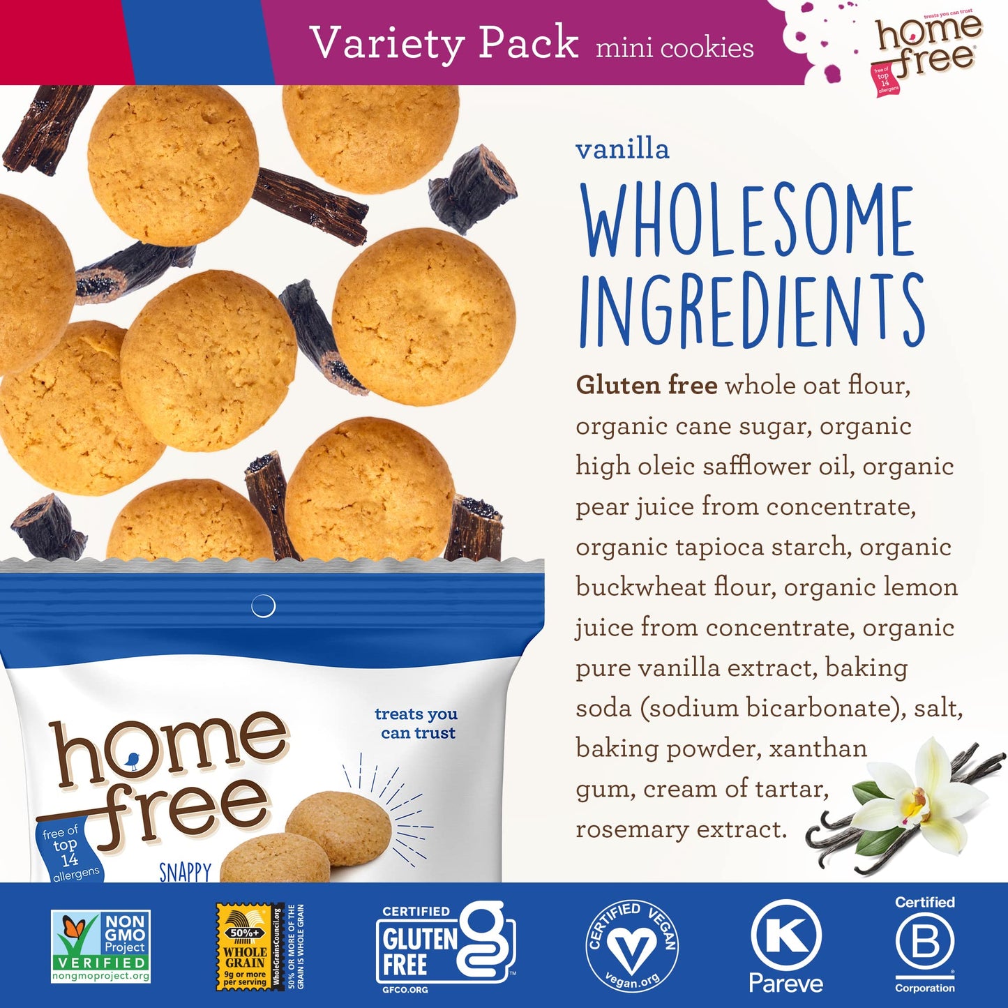 Homefree 01305 Gluten Free Mini Cookies Variety Pack, 1.1 Oz/0.95 Oz/1.1 Oz Packs, 30/Carton
