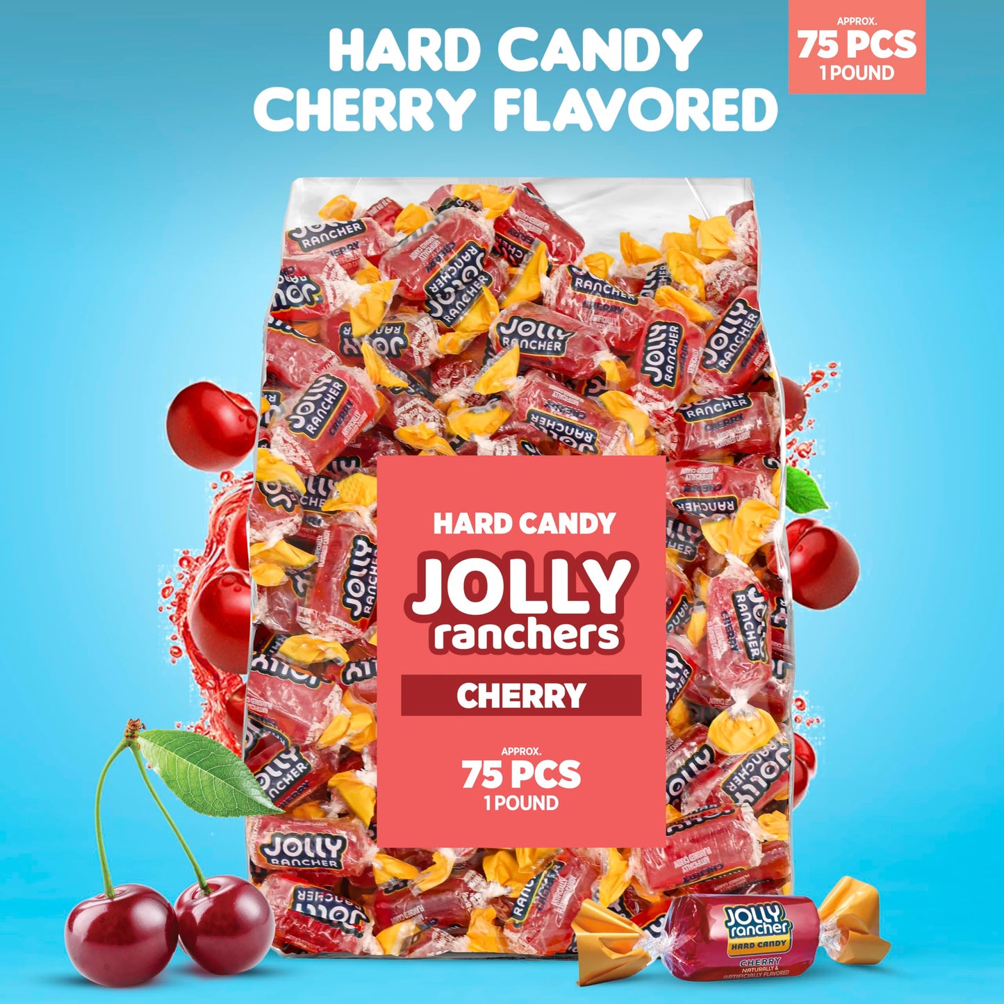 Cherry Jolly Ranchers Hard Candy - Original Flavor - 1 LB Bulk Bag (Approx. 75 Pieces) - Individually Wrapped Tart & Sweet Treat