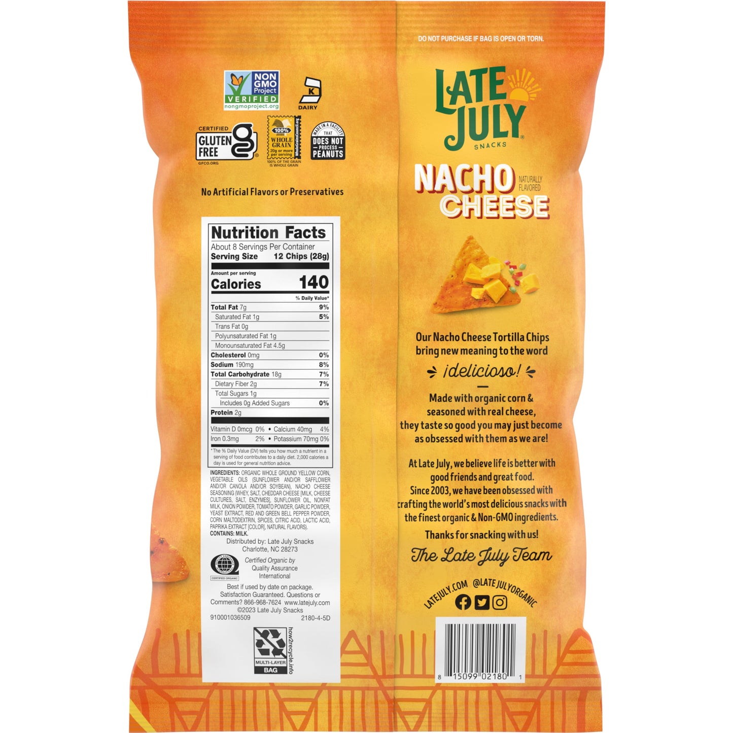 Late July Snacks Nacho Cheese Tortilla Chips, 7.8 Oz Bag