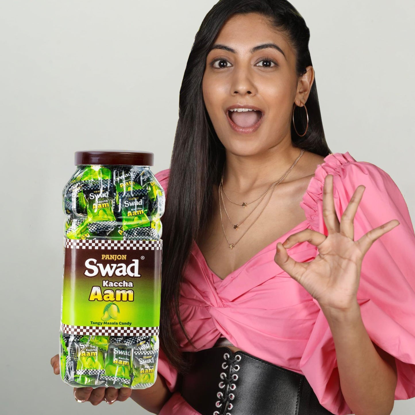Swad Kaccha Aam Tangy Masala Candy Jar 150 Count Raw Mango Flavor Indian Chatpati Candy Mouth Freshener Sweet Spicy Hard Candy Desi Snack Travel Friendly For Kids Mature-Themeds