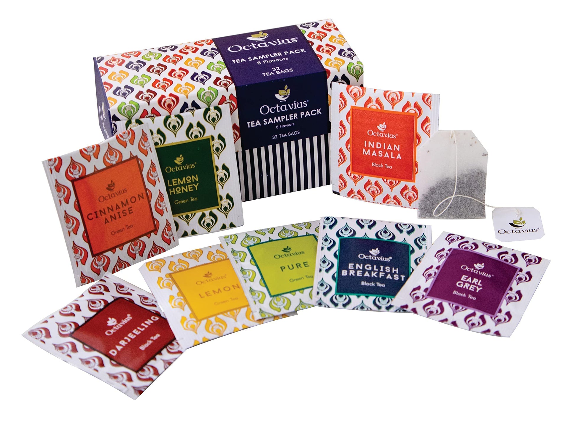 Octavius Tea Sampler Pack - 32 Tea Bags | 8 Assorted Black & Green Tea | Trial Pack | Cinnamon Anise  Pure Green  Lemon  Honey Lemon  English Breakfast  Darjeeling  Indian Masala  Earl Grey | Tea Gift