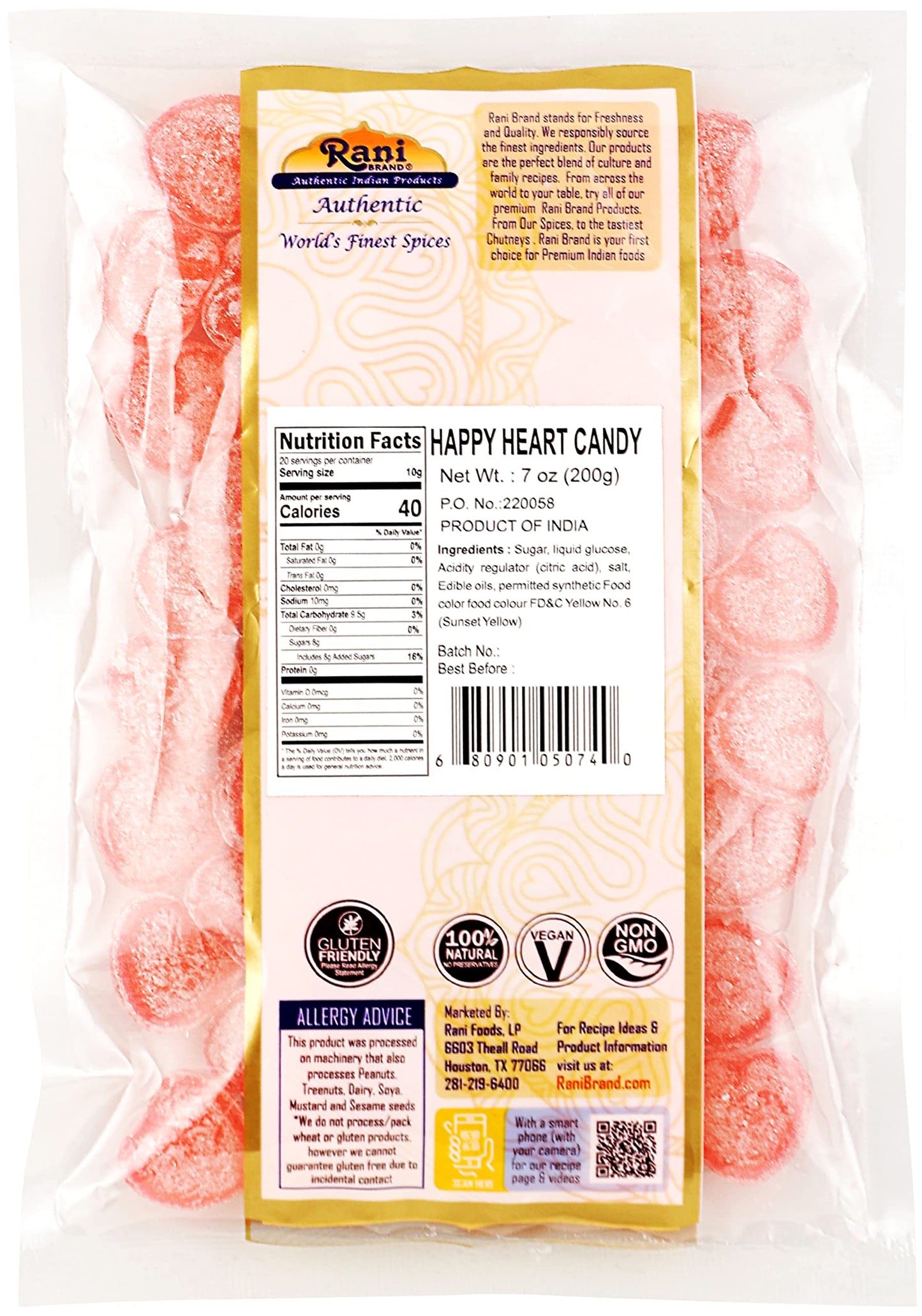Rani Happy Heart Candy - Vegan, Gluten Friendly, NON-GMO - 7oz (200g) - Indian Tasty