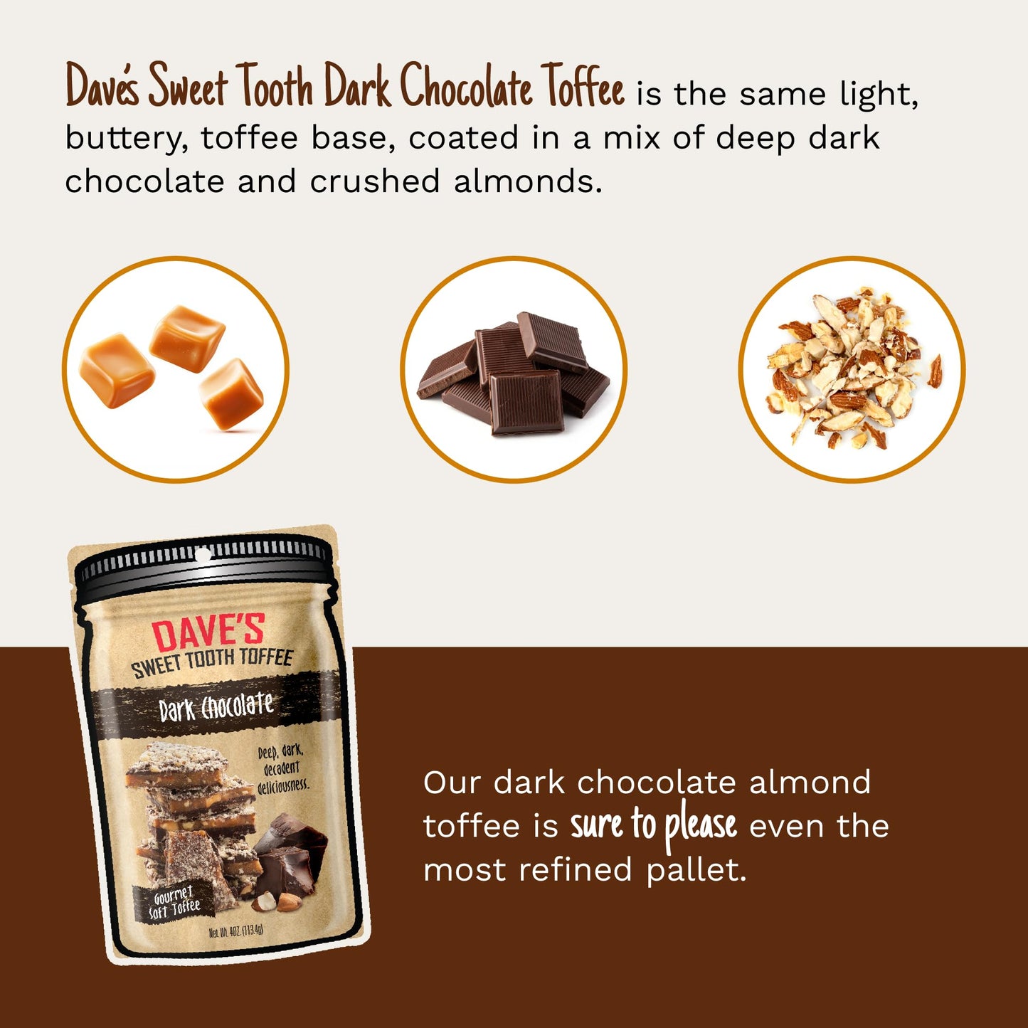 Daves Sweet Tooth Toffee - Dark Chocolate Toffee (4 oz) - Handmade & Homemade Gourmet Soft Toffee with Real Butter, Real Sugar