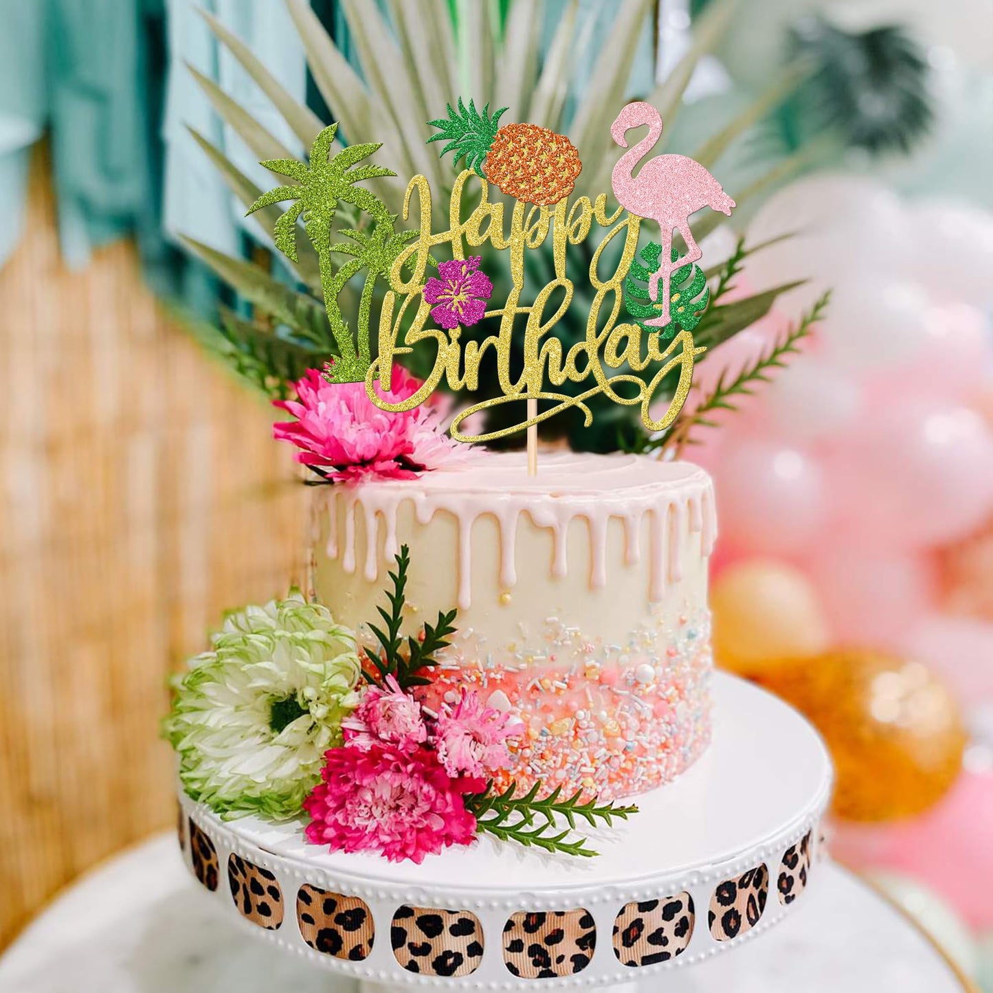 1 Pcs Tropical Luau Happy Birthday Cake Topper Glitter Flower Flamingo Turtle Leaf Pineapple Palm Tree Cake Pick For Summer Beac