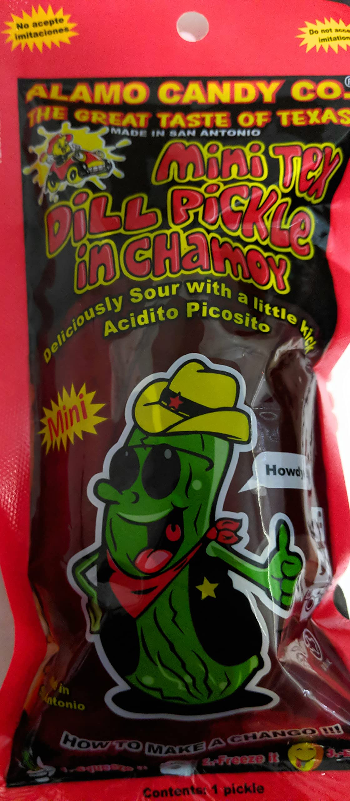 Alamo Candy Mini Tex Dill Pickle In Chamoy - Three Pickles & One NG Joy Sticker - Individually Wrapped - Made In San Antonio, Te