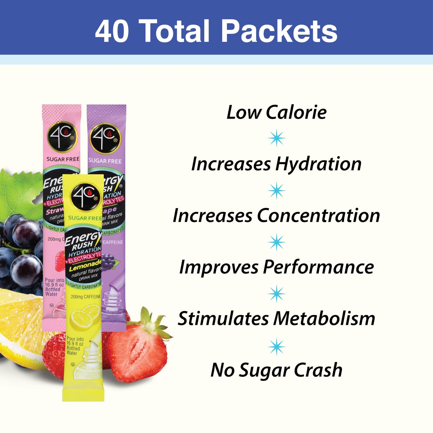 4C Energy Rush PSD Electrolyte Variety Pack Stix, 40 ct (14 Lemonade, 12 Strawberry, 14 G ), 4.35 Ounce