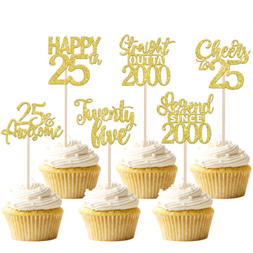 24PCS Gold Happy 25th Birthday Cupcake Toppers Twenty Five Straight Outta 2000 Cupcake Picks Cheers to 25 Lengend Since 2000 Cak